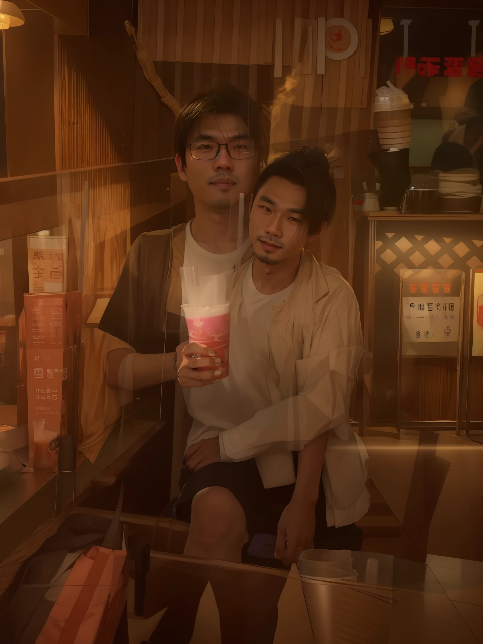 Allafed Asian man holding a cup of coffee in the mall, drink boba tea, wenjun lin, xintong chen, holding a boba milky oolong tea, with a straw, yanjun cheng, profile picture 1024px, taken with canon 8 0 d, in front of ramen shop, taken with sony alpha 9, Wang Qichao