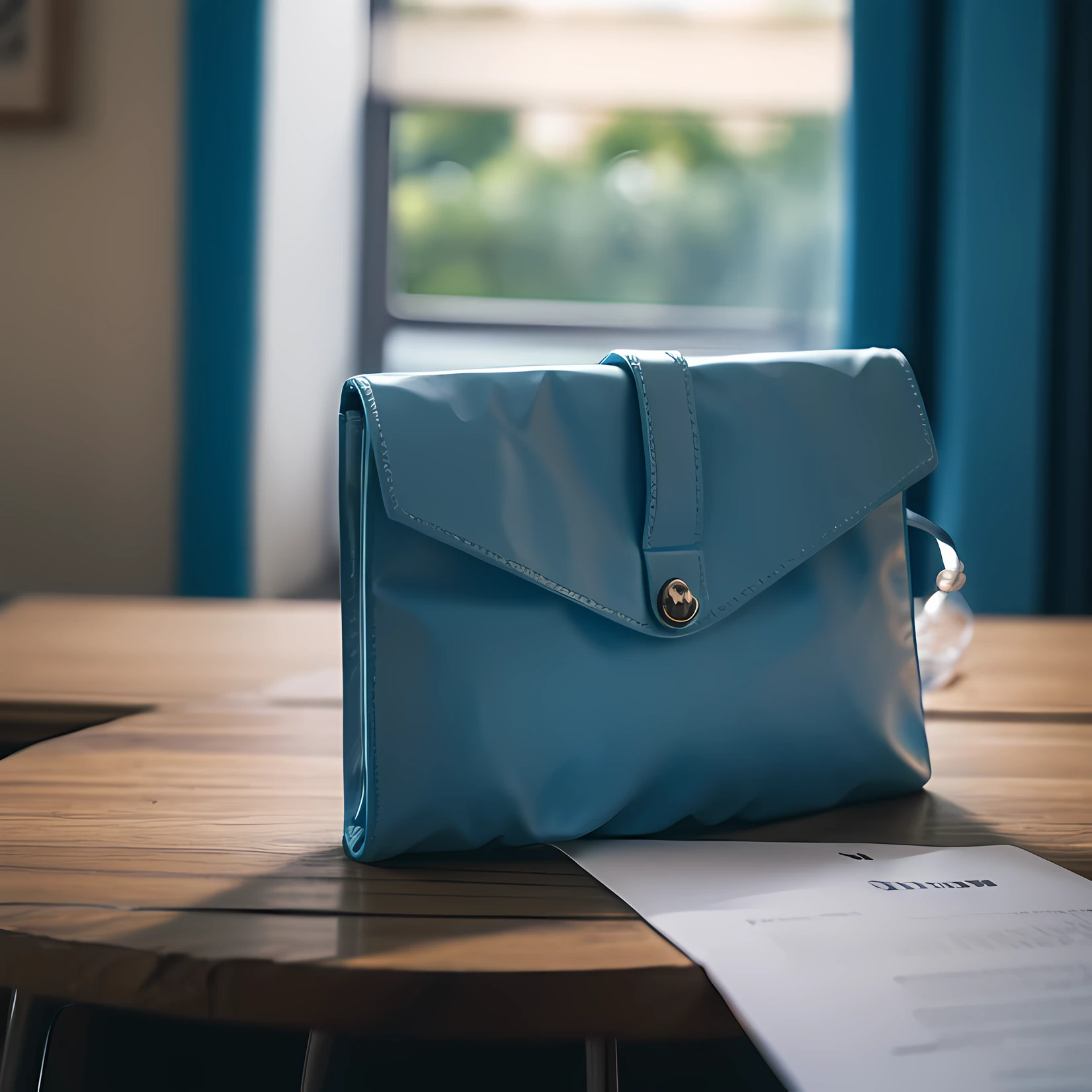 On the table was a blue folder,Gray solid background,The folder is placed on the table, Product photo,Business style, f / 2 0, Leather Pouch, Natural soft light,author:Emma Andievska, close-up product photo, close angle, Sacoche, full product shot, Fluid bags,Natural soft light, author:Gaisa Dosa, taken with canon 8 0 d