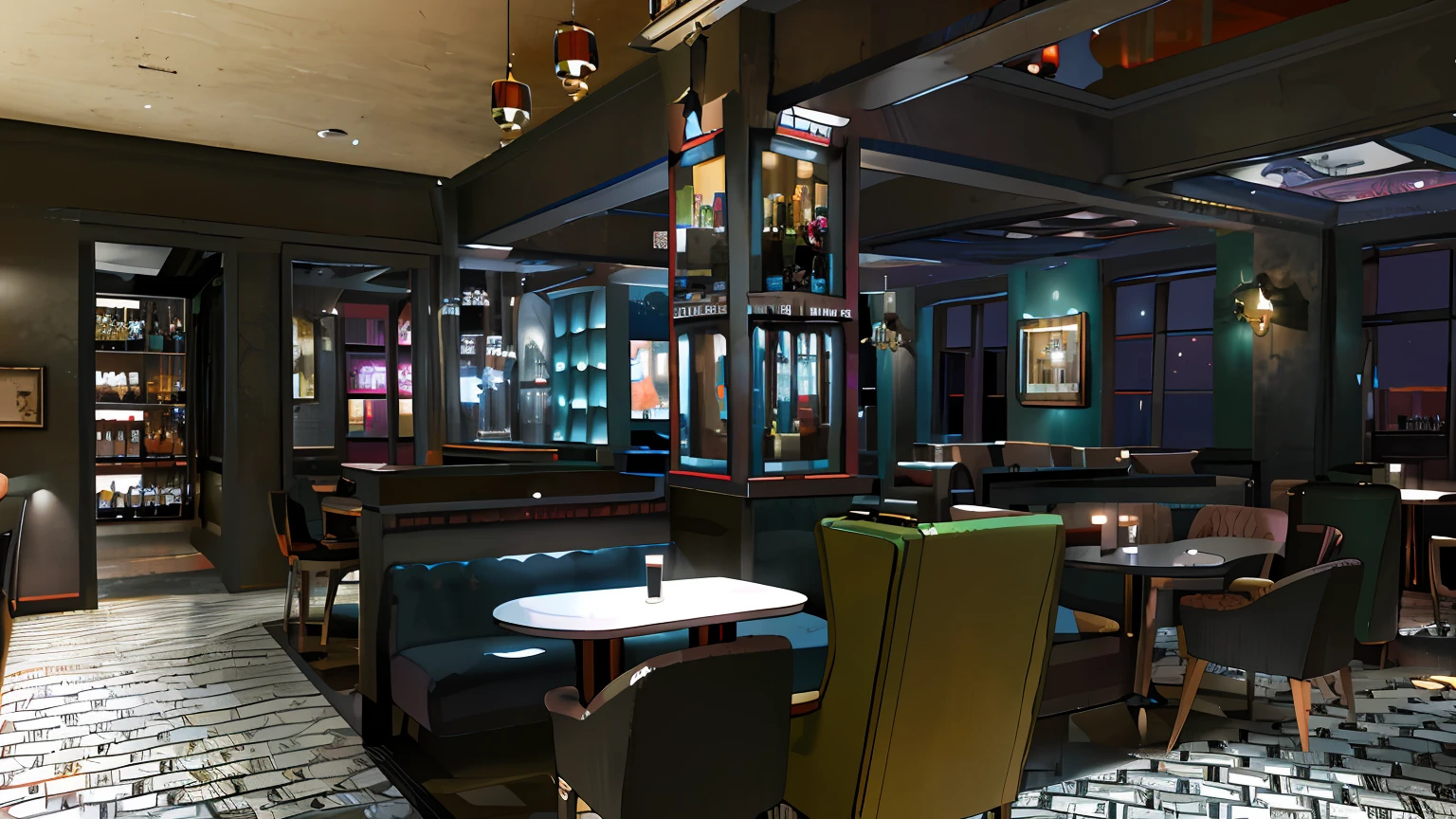 There is a 3D image of a restaurant with a bar and a bar, The design of the bar, detailed renderings, bw 3 d render, CG rendering, digital painted, rendering of checkmate, 3ds max rendered, A digital rendering, high-detailed rendering, speakeasy bar background, Realistic Art Deco, detailed intricate render, a digital rendering,The lights flash,Lively,Crowded,beautiful women like clouds