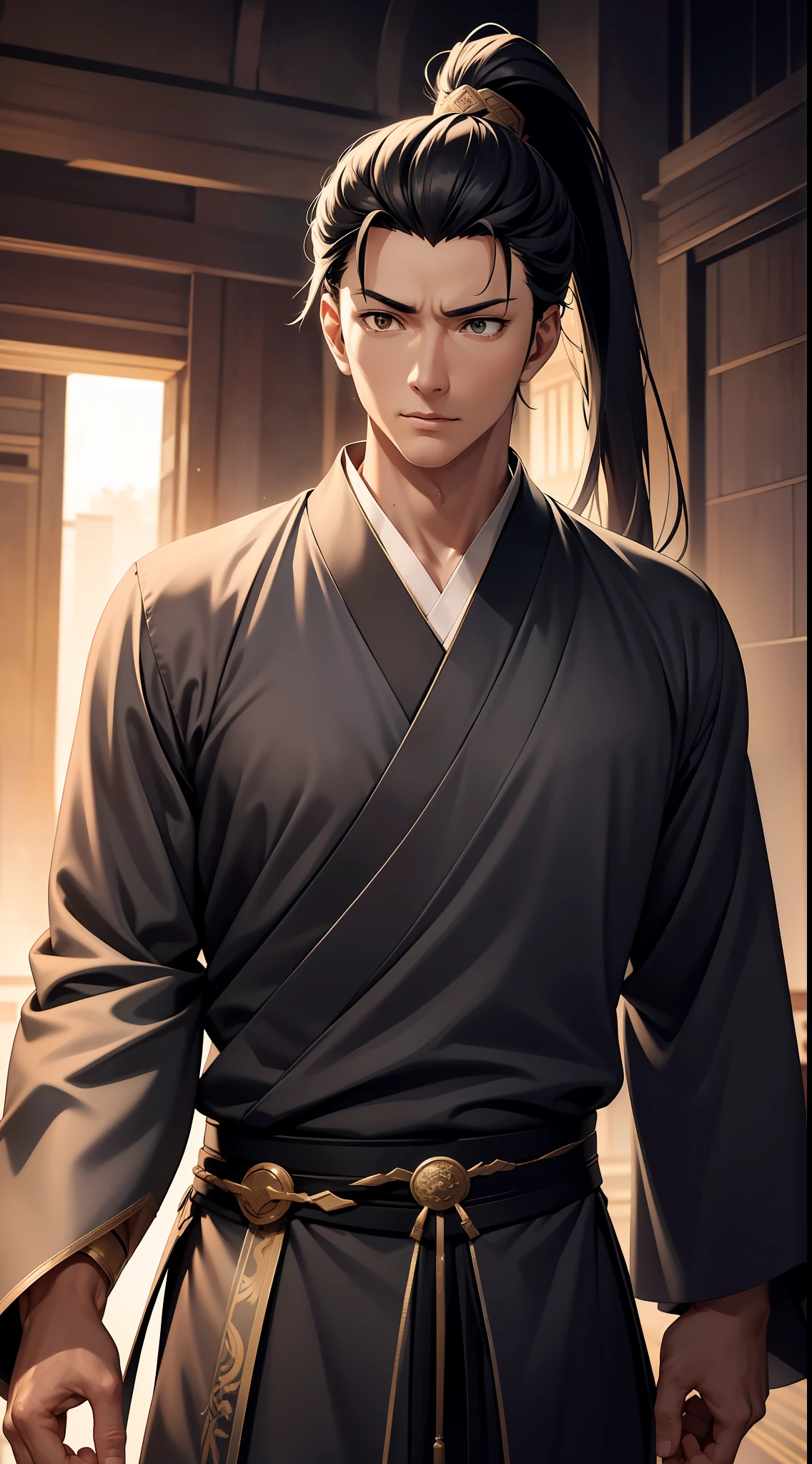 quadratic element，style of anime，mtu（Male Warrior），The proportions are correct，Face details，swordsmen，High ponytail hairstyle，Neck details，There is an Adam's apple，Black Hanfu，kaftan，black toga，clothes details，Handing over，longer sleeves，Game quality，Swordsmanship，Light and shadow tracking，Ray traching，detailed glow，cg render，hair detail，cabelos preto e longos，Black ㇏ eyes，Handsome，Handsome，（juvenile sense），Clothing is complicated，Perfectcomposition，Refinement，high qulity，higher details，Lots of details，The background is complex，a sense of atmosphere，