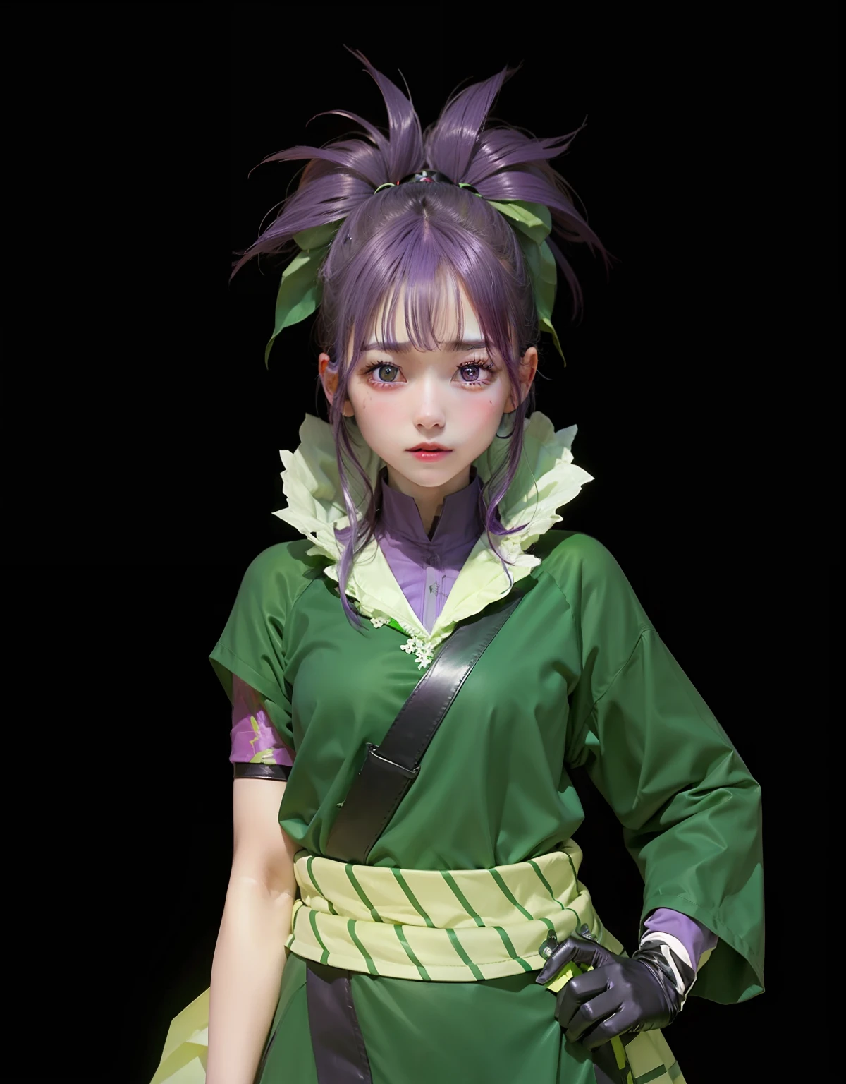 1girl, guren, purple hair, green clothes, realistic, ultra detail