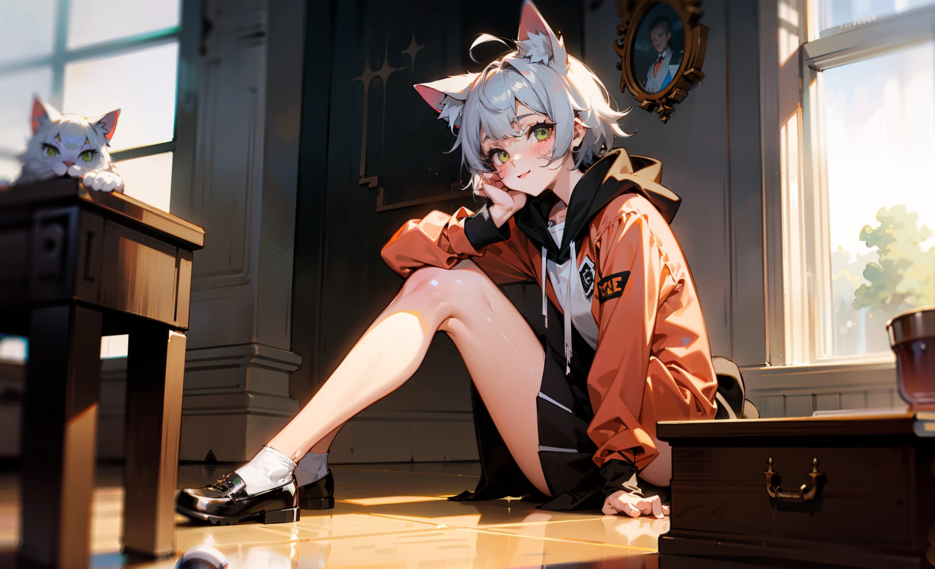 beast ear，cat ear，Sitting on the floor with gray hair，quadratic element
