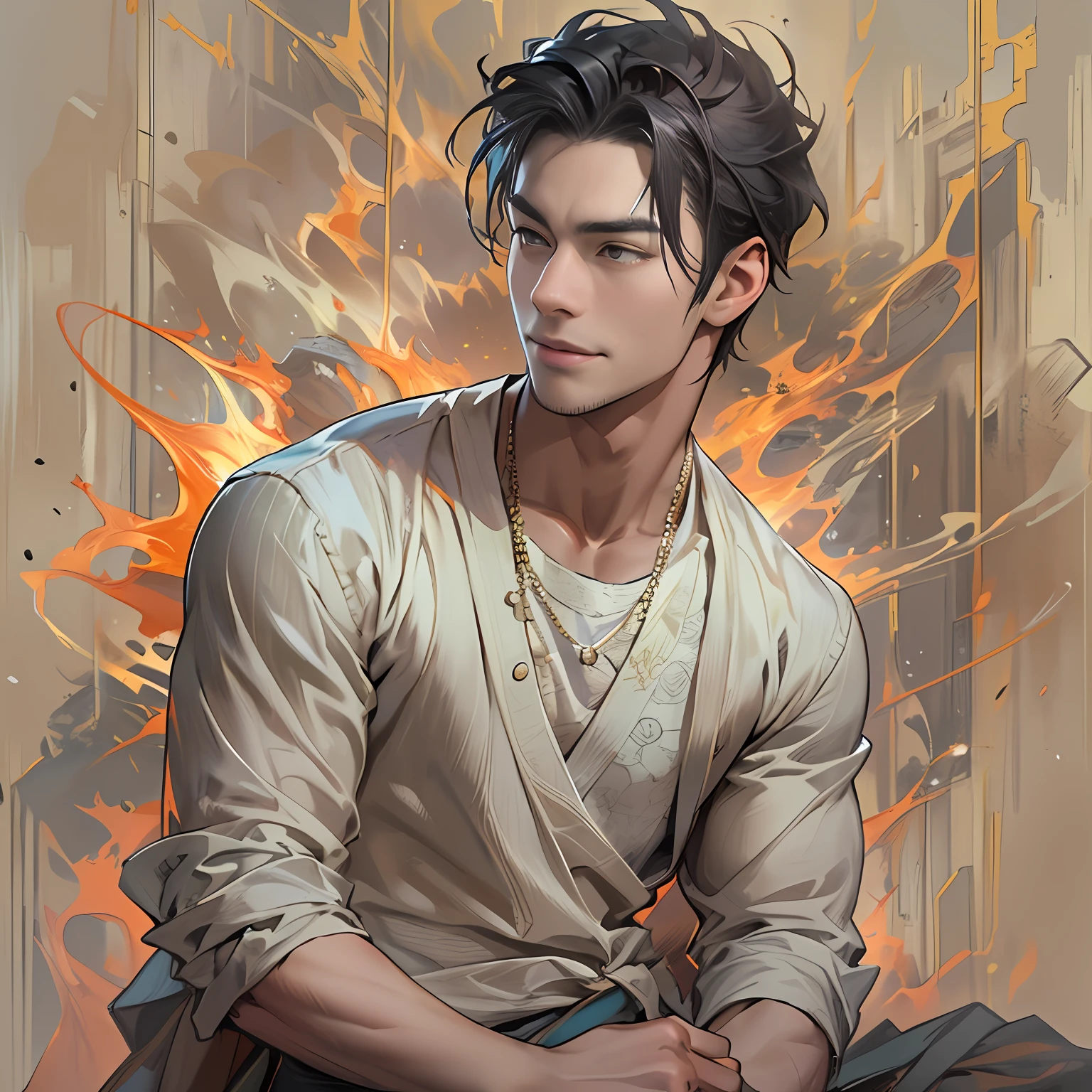 A young and handsome man standing next to a heated argument, mediating with a gentle smile, tense atmosphere, ,in the style of the stars art group xing xing, 32k, best quality, masterpiece, super detail, high details,