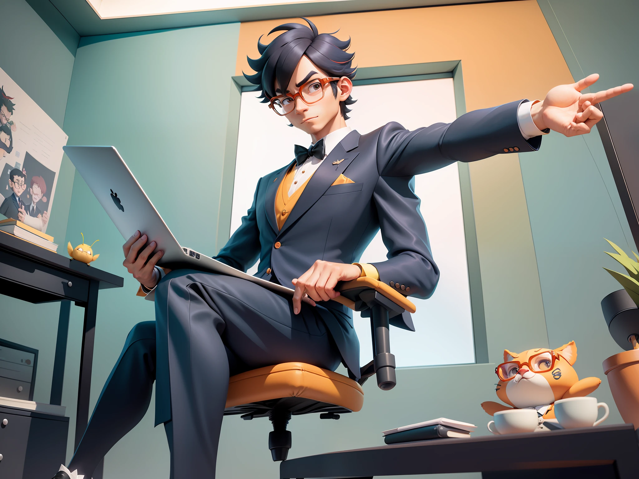A young man in formal clothes，Short hair and glasses，Sitting at your desk，holding laptop，digitial painting，cartoonish style，4K HD illustration，Very detailed facial features，tigre，Mark Clairdon，by Pixar，3D character design：Hayao Miyazaki and Akira Toriyama, Cartoon-style visuals。