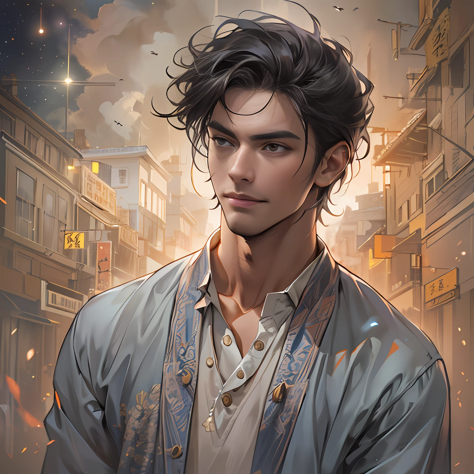 A young and handsome man standing next to a heated argument, mediating with a gentle smile, tense atmosphere, ,in the style of the stars art group xing xing, 32k, best quality, masterpiece, super detail, high details,