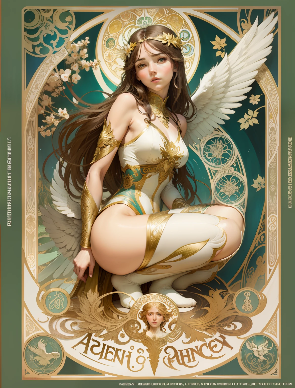Rear squatting view of full body head to toe angel woman facing the camera Phoenix art nouveau style with a stroke by Alfons Mucha