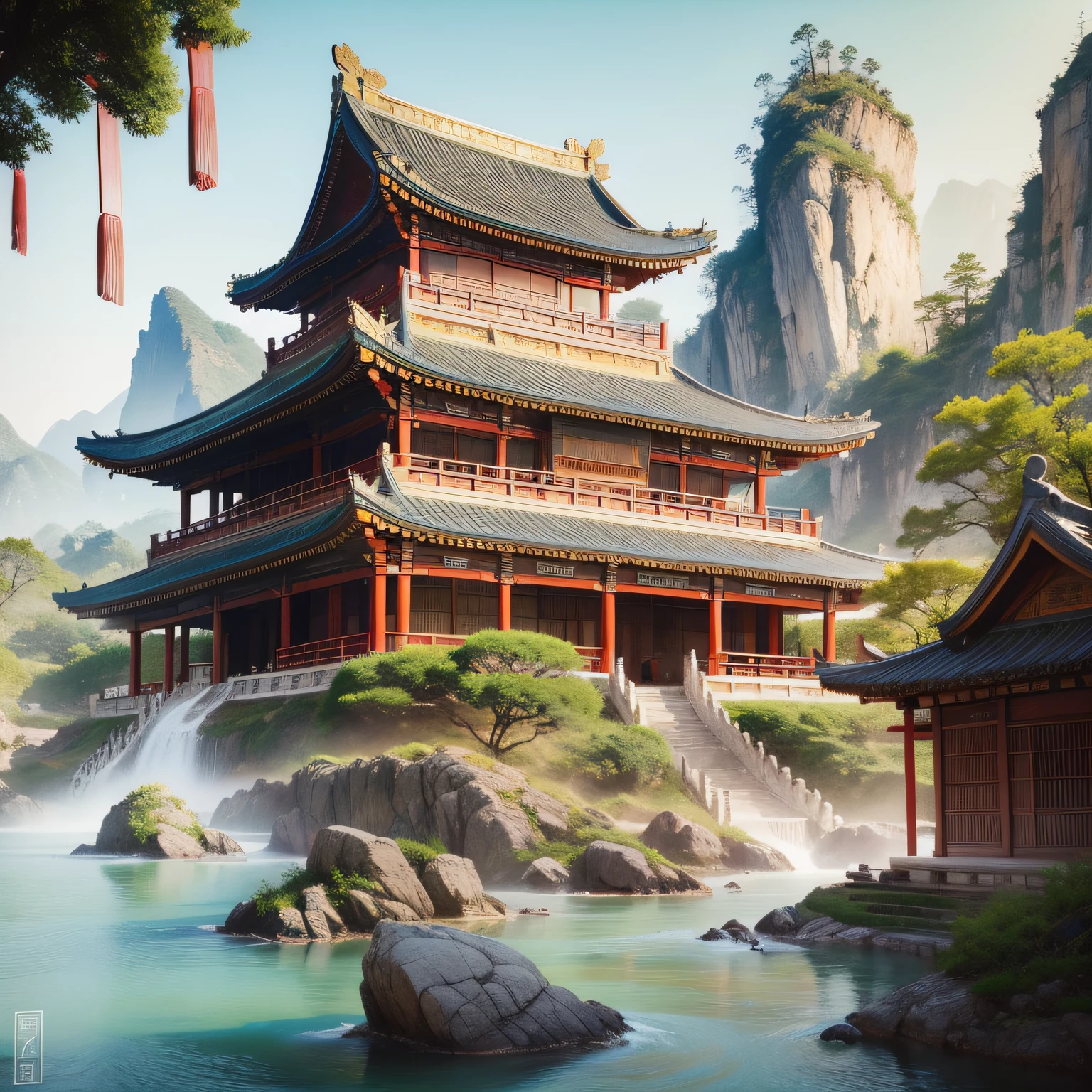 Ancient Chinese landscapes, ancient buildings, pavilions, carved beams and painted buildings, beautiful mountains and rivers, inspired by Jin Yong martial arts, sunlight, ink painting style, clean colors, decisive cutting, blank space, freehand, masterpiece, super detailed, epic composition, high quality , highest quality, pixar style, oversaturated, surreal, artgerm --v 6