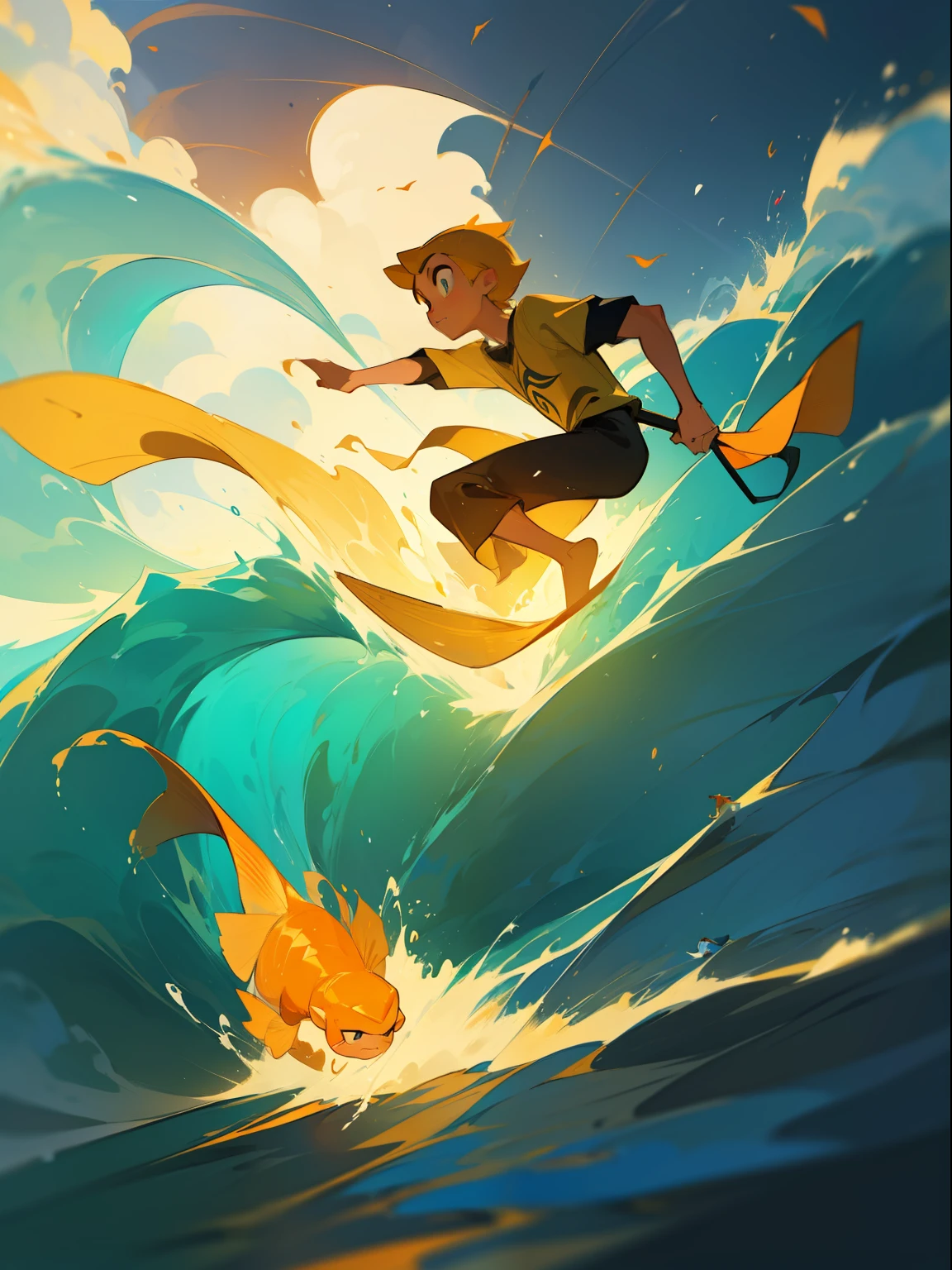 cartoon of a boy riding a golden fish on a wave in the ocean, concept art of single boy, surfing, wind waker, animated film still, lucas arts adventure, animated movie still, tsunami behind him, disney 2d animation still, concept art for a video game, animation film still, stylised comic art, animated still