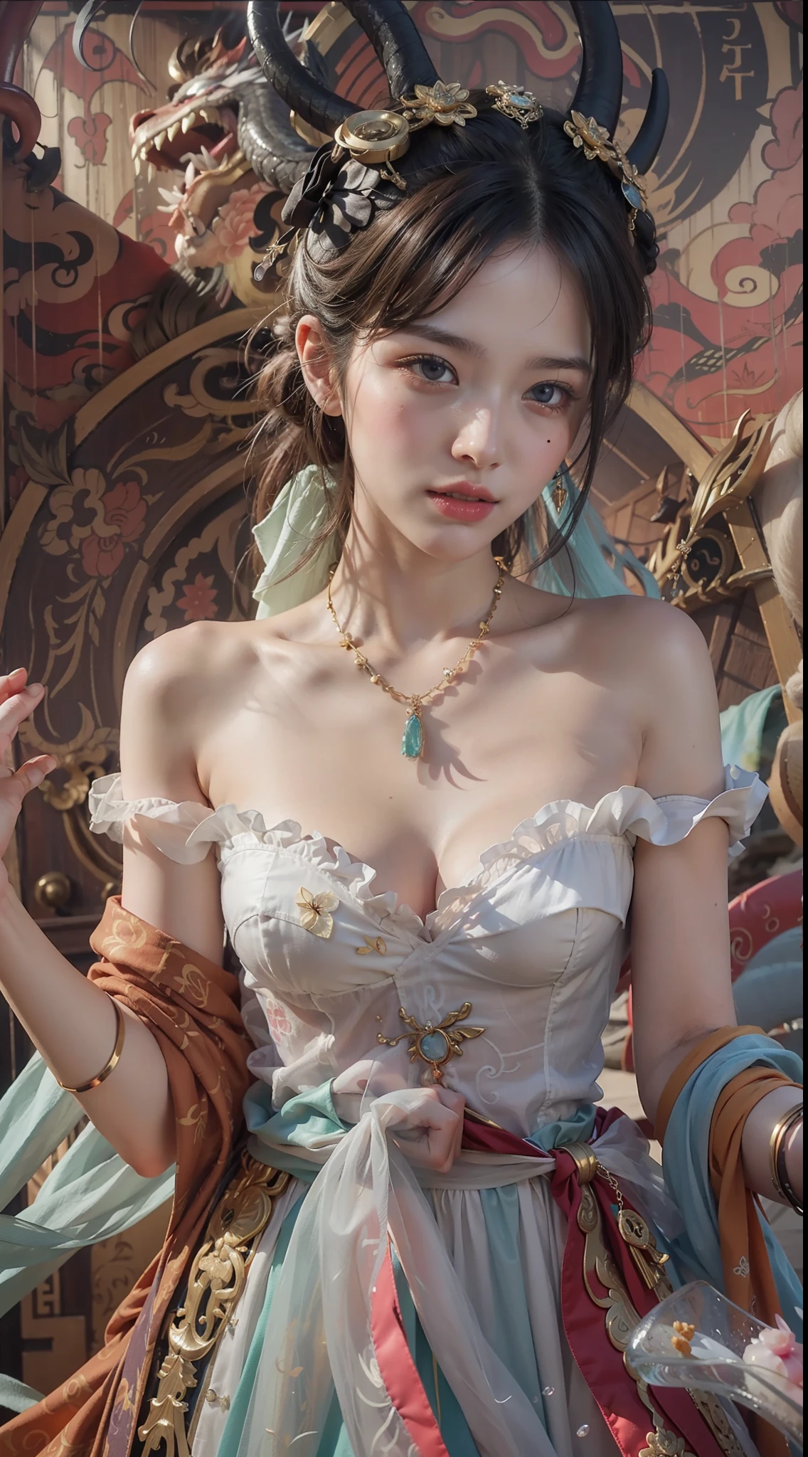 A woman,Intermediate composition,Hair drifts in the wind,Lovely and delicate face,Vermilion lips and teeth,with fair skin,Flying fairy from the sky,The clothes are fluttering,Light ,Beautuful Women,ssmile,The Chinese dragon accompanies the left and right,Manga style,looks into camera,Pale color background,
unreal-engine,Cinematic,4K分辨率,Complicated details,Beautiful,High degree of completion,extreme hight detail,Beautiful CG,Works of masters,the ultra-detailed