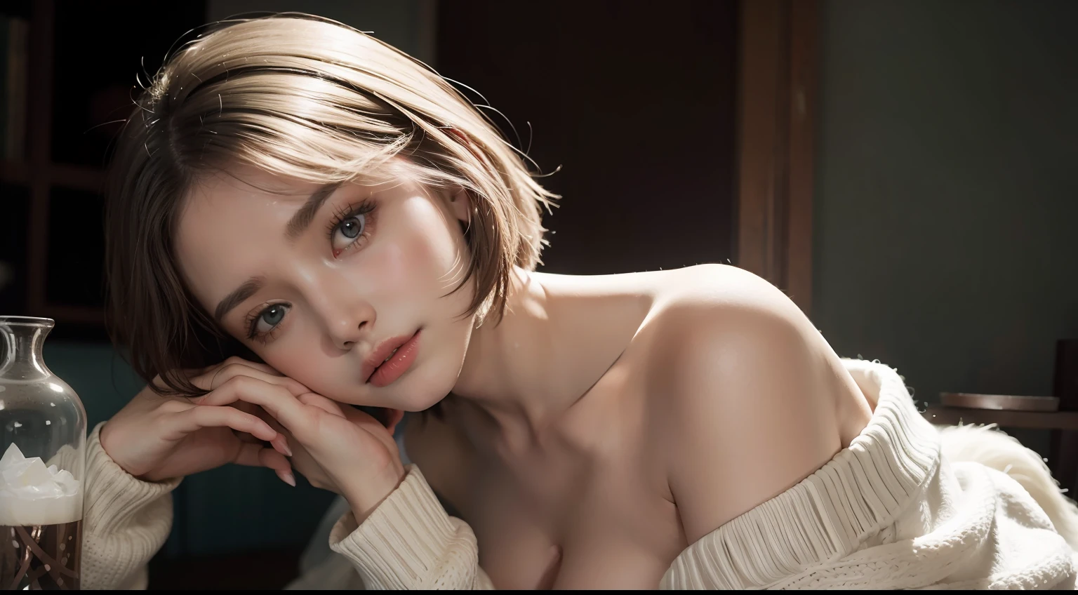 Fantasy. a girl, sitting, bare shoulders, detailed (((loose))) white sweater. large breasts, half body portrait, ((looking at away)), stunningly beautiful, mint bob hair, blush, humble, table, home, hands. highly detailed. Cinematic lighting, (nsfw:1.27)