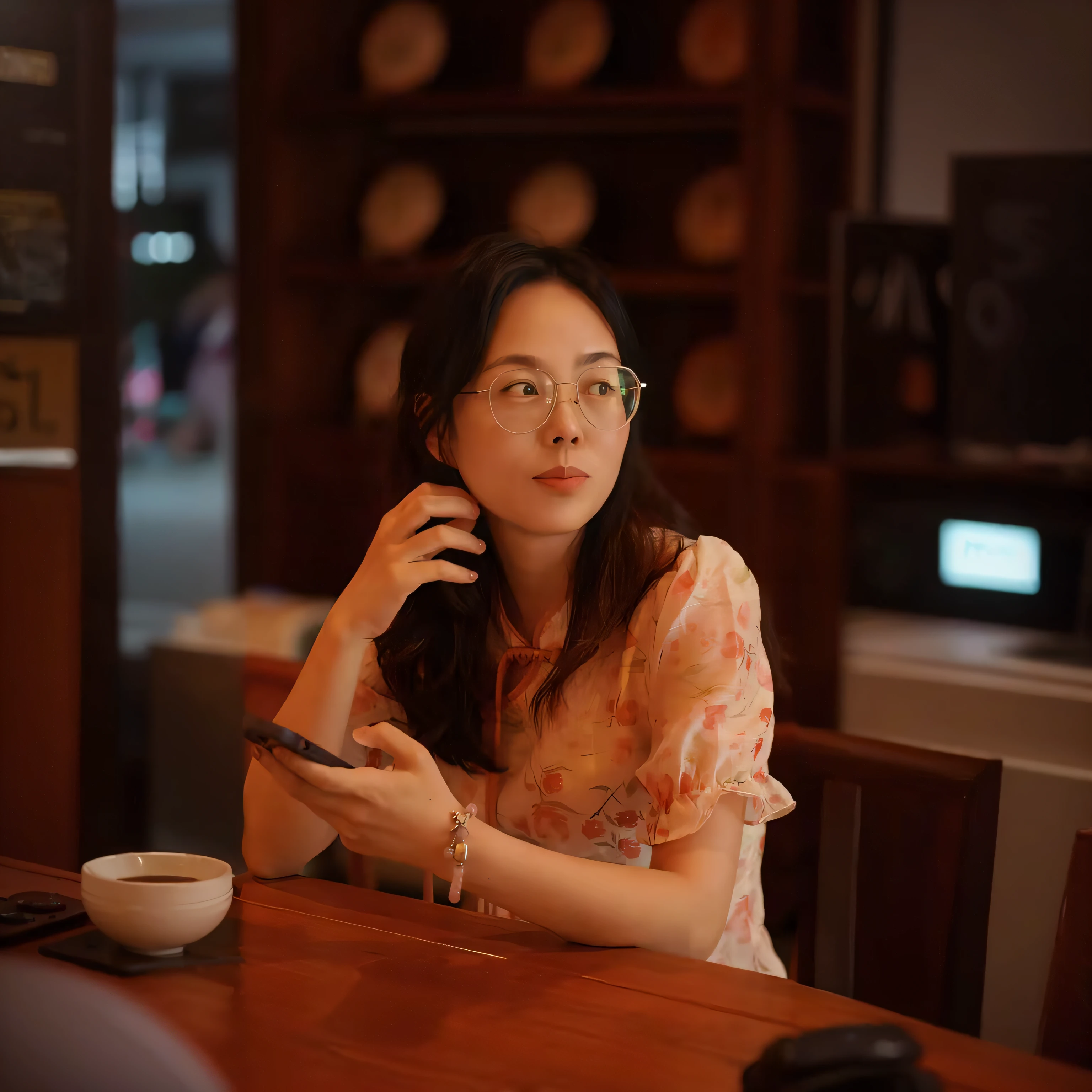 There was a woman sitting at the table,Hold the tablet, wearing thin large round glasses, wearing small round glasses, Li Zixin, With glasses, a girl with round glasses, Chinese woman, A young Asian woman, xintong chen, with square glasses, high quality portrait, An Asian woman, inspired by Cheng Jiasui, wenfei ye