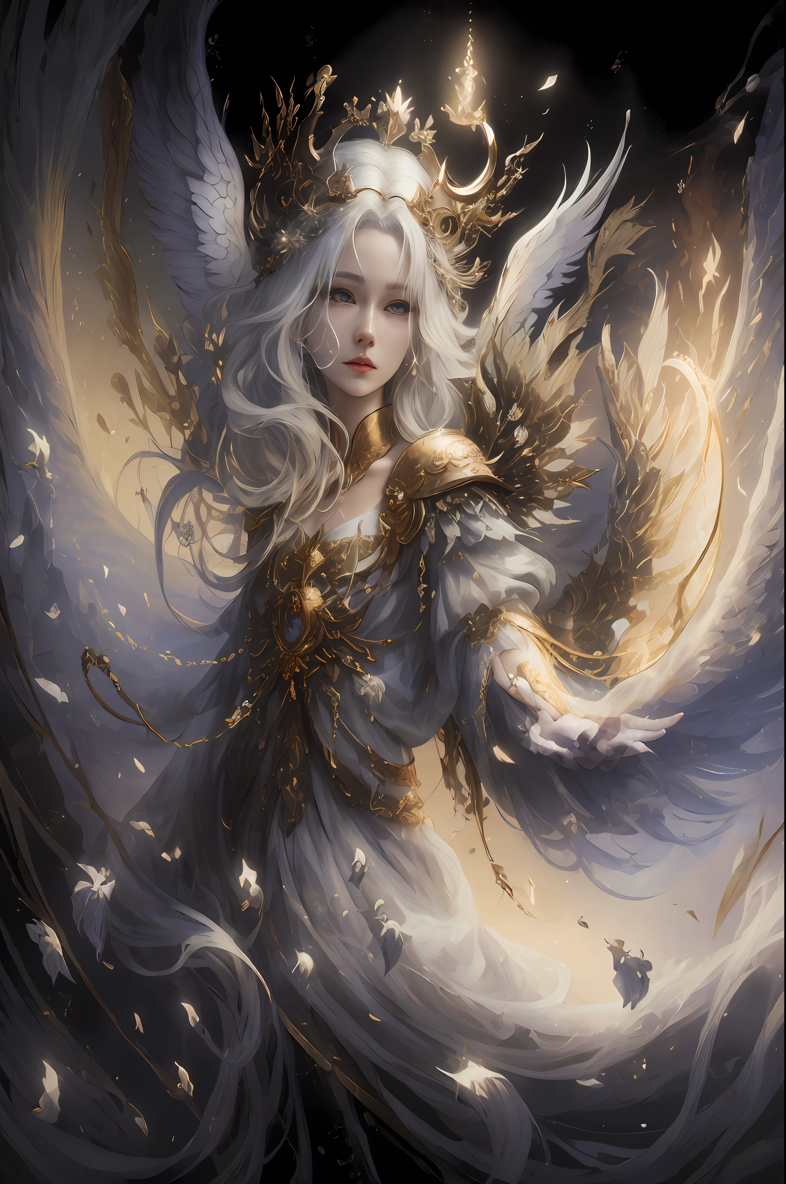 Anime, A woman with white hair and a golden crown, flying through the air, by Yang J, Beautiful young wind spirit, Anime fantasy illustration, Goddess. Extremely high detail, Beautiful celestial mage, White-haired god, Anime fantasy artwork, detailed fantasy art, beautiful angel, astral fairy, detailed fantasy digital art, A beautiful artwork illustration, beautiful fantasy art