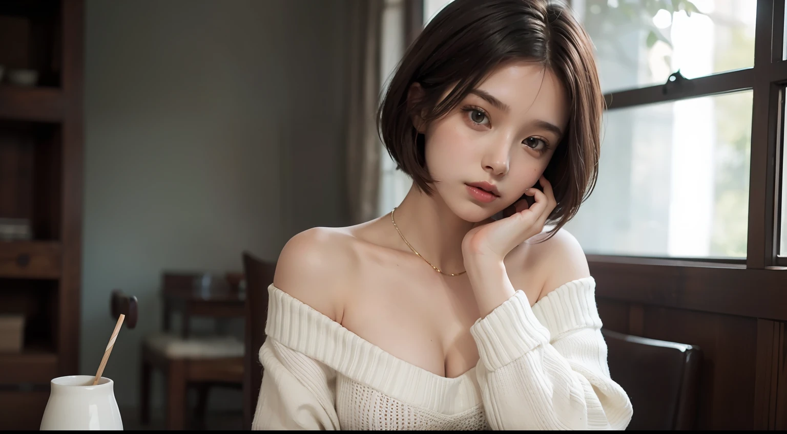 Fantasy. a girl, sitting, bare shoulders, detailed (((loose))) white sweater. large breasts, half body portrait, ((looking at away)), stunningly beautiful, mint bob hair, blush, humble, table, home, hands. highly detailed. Cinematic lighting, (nsfw:1.27)