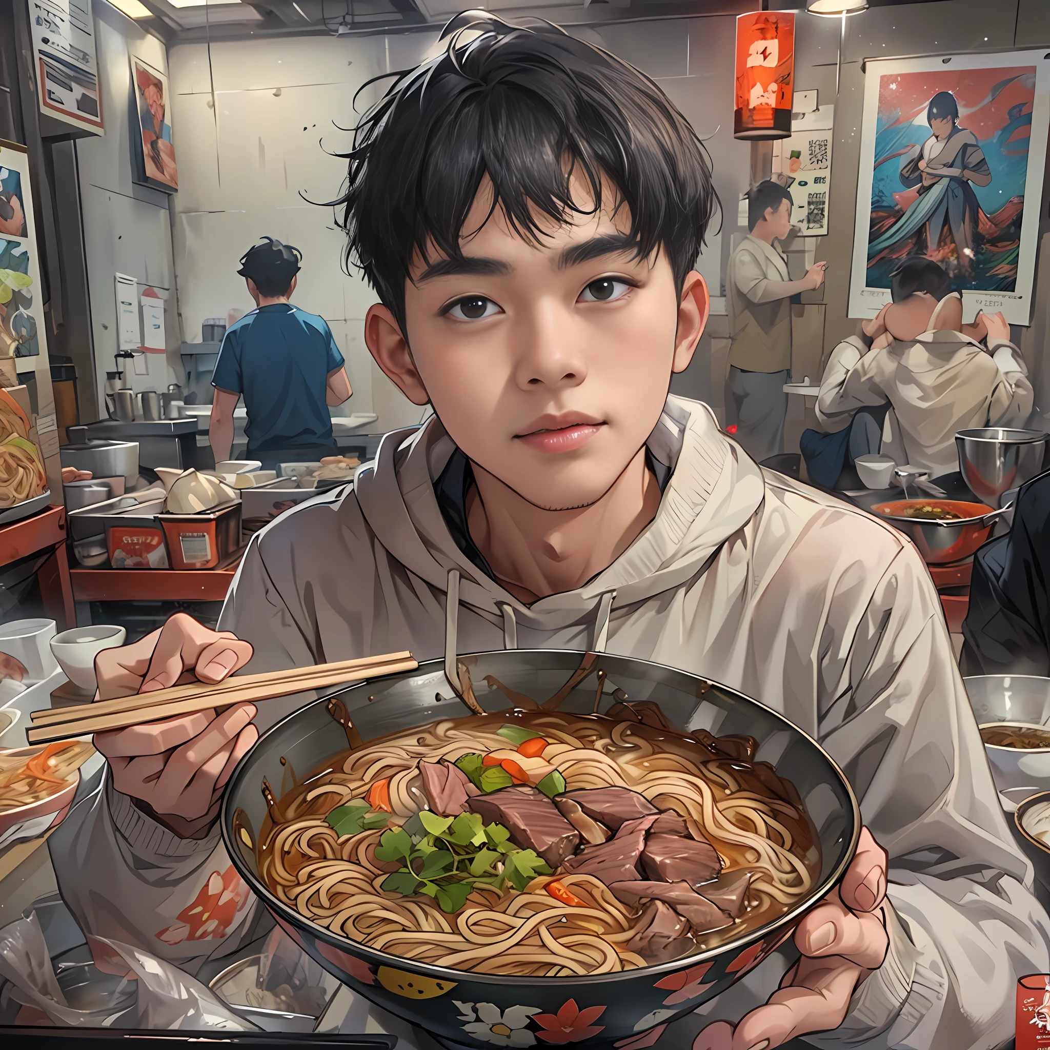 A young live streamer holding a bowl of delicious beef noodles in front of the camera  ,in the style of the stars art group xing xing, 32k, best quality, masterpiece, super detail, high details