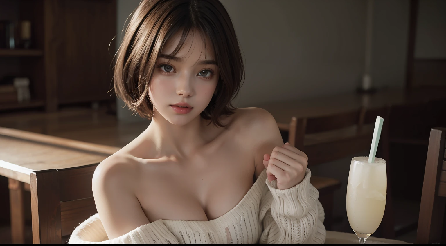 Fantasy. a girl, sitting, bare shoulders, detailed (((loose))) white sweater. large breasts, half body portrait, ((looking at away)), stunningly beautiful, mint bob hair, blush, humble, table, home, hands. highly detailed. Cinematic lighting, (nsfw:1.27)