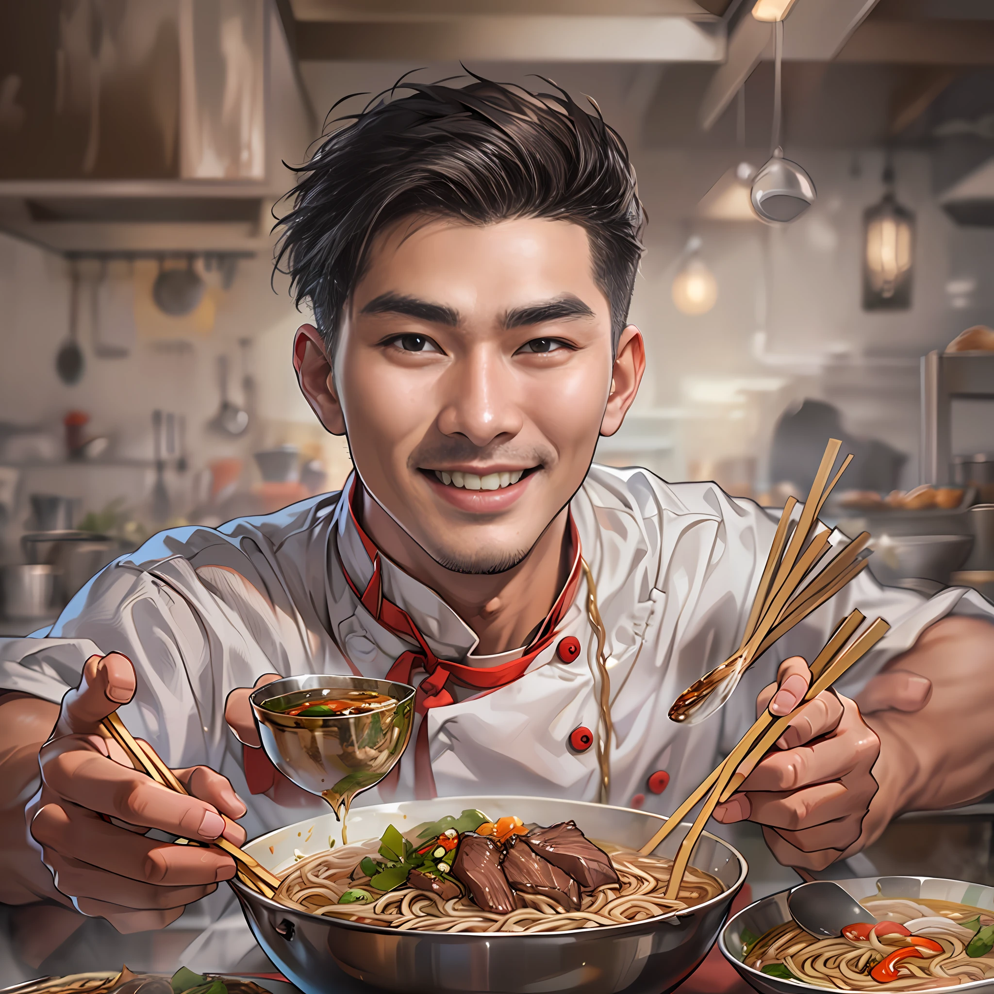A young and handsome chef stands in front of the camera,Holding a tempting bowl of beef noodles,in the style of the stars art group xing xing, 32k, best quality, masterpiece, super detail,