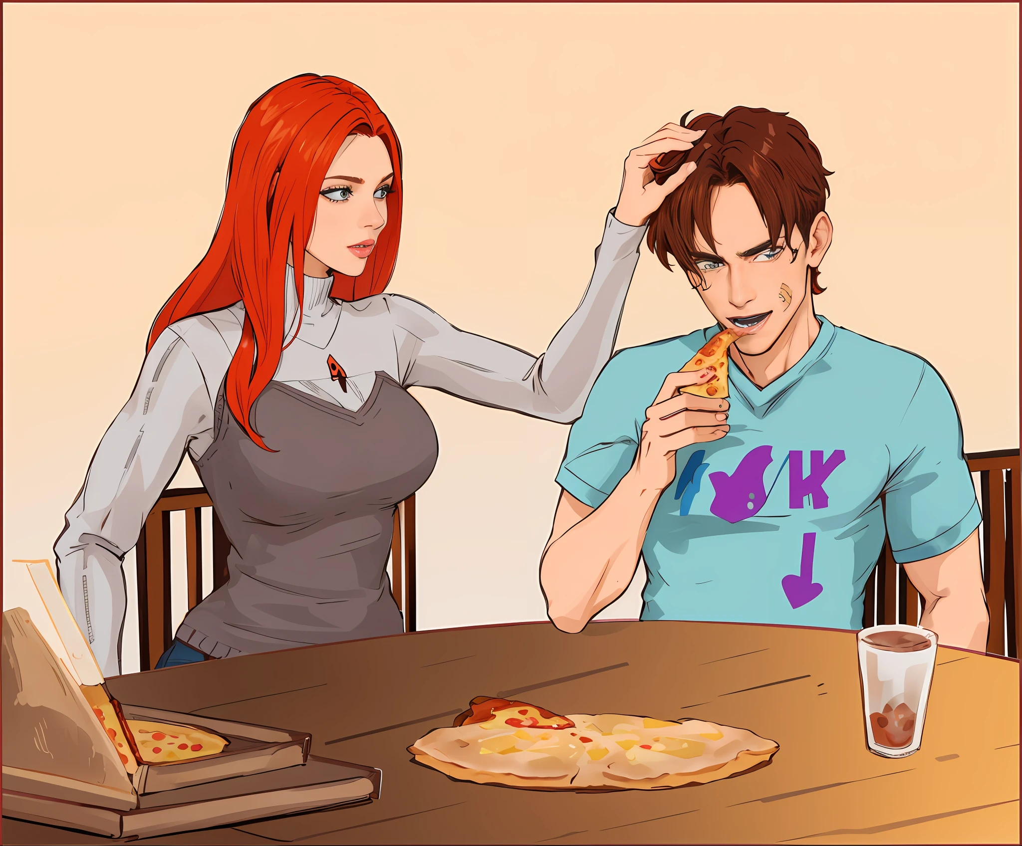mulher ruiva, homem jovem comendo pizza, camiseta folgada estampada com estilo