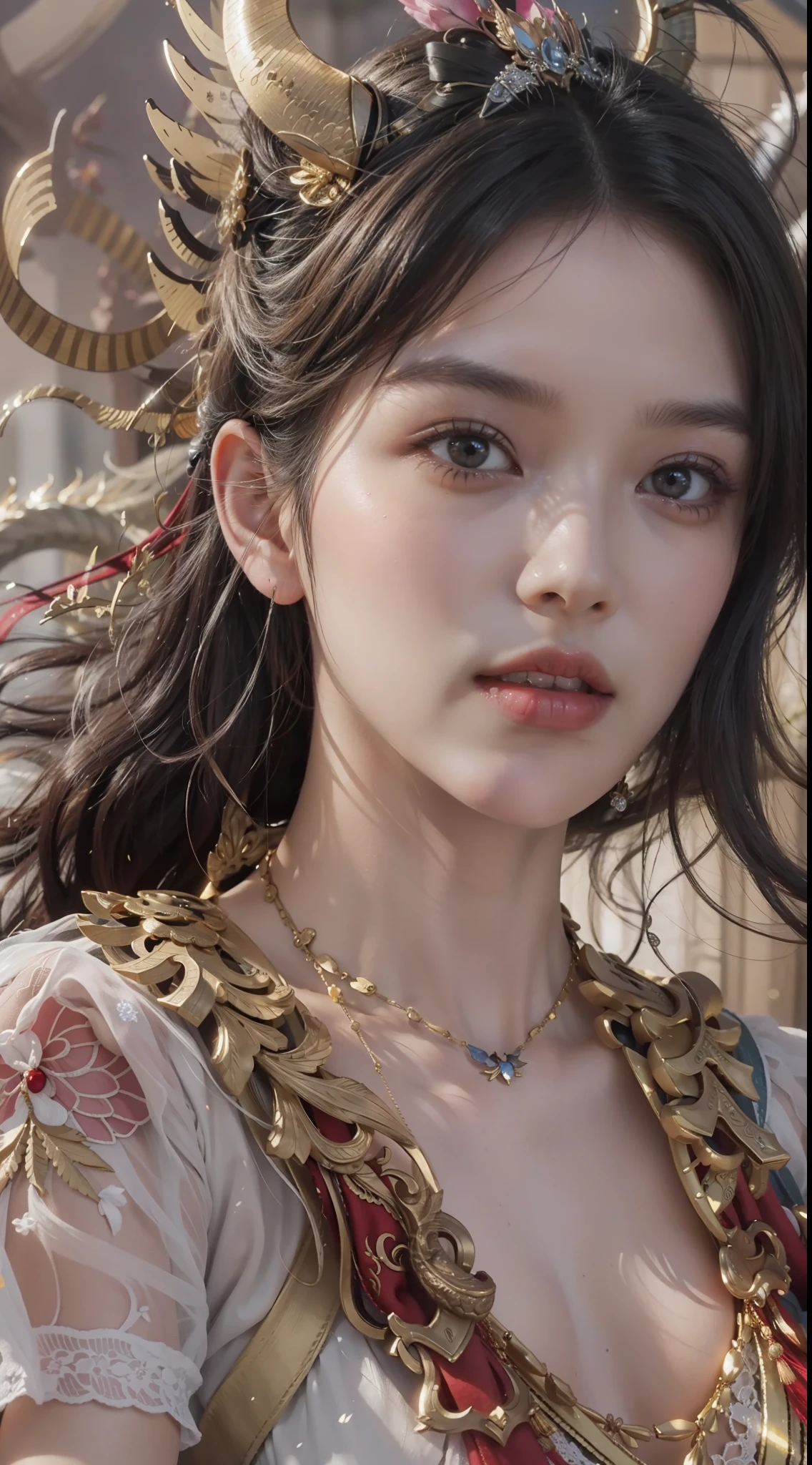A woman,Intermediate composition,Hair drifts in the wind,Lovely and delicate face,Vermilion lips and teeth,with fair skin,Flying fairy from the sky,The clothes are fluttering,Light ,Beautuful Women,ssmile,The Chinese dragon accompanies the left and right,Manga style,looks into camera,Pale color background,
unreal-engine,Cinematic,4K分辨率,Complicated details,Beautiful,High degree of completion,extreme hight detail,Beautiful CG,Works of masters,the ultra-detailed