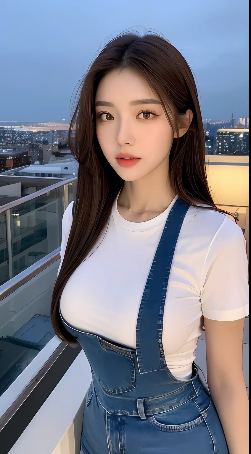 ((Midnight, Best quality, 8k, Masterpiece :1.3)), Whole body, Long legs, Sharp focus :1.2, A pretty woman with perfect figure :1.4, Slender abs :1.1, ((Dark brown hair,  :1.2)), (White tight tshirt, Jean bib, Standing:1.2), ((Night city view, Rooftop:1.3)), Highly detailed face and skin texture, Detailed eyes, Double eyelid