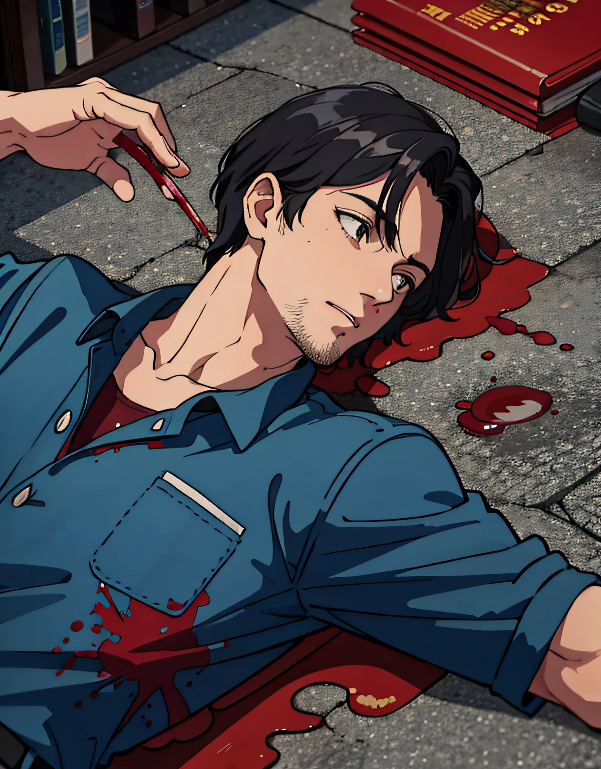 A 30-year-old man,wounded,Blood all over the body,lies on the ground,Scene dressed in dark blue