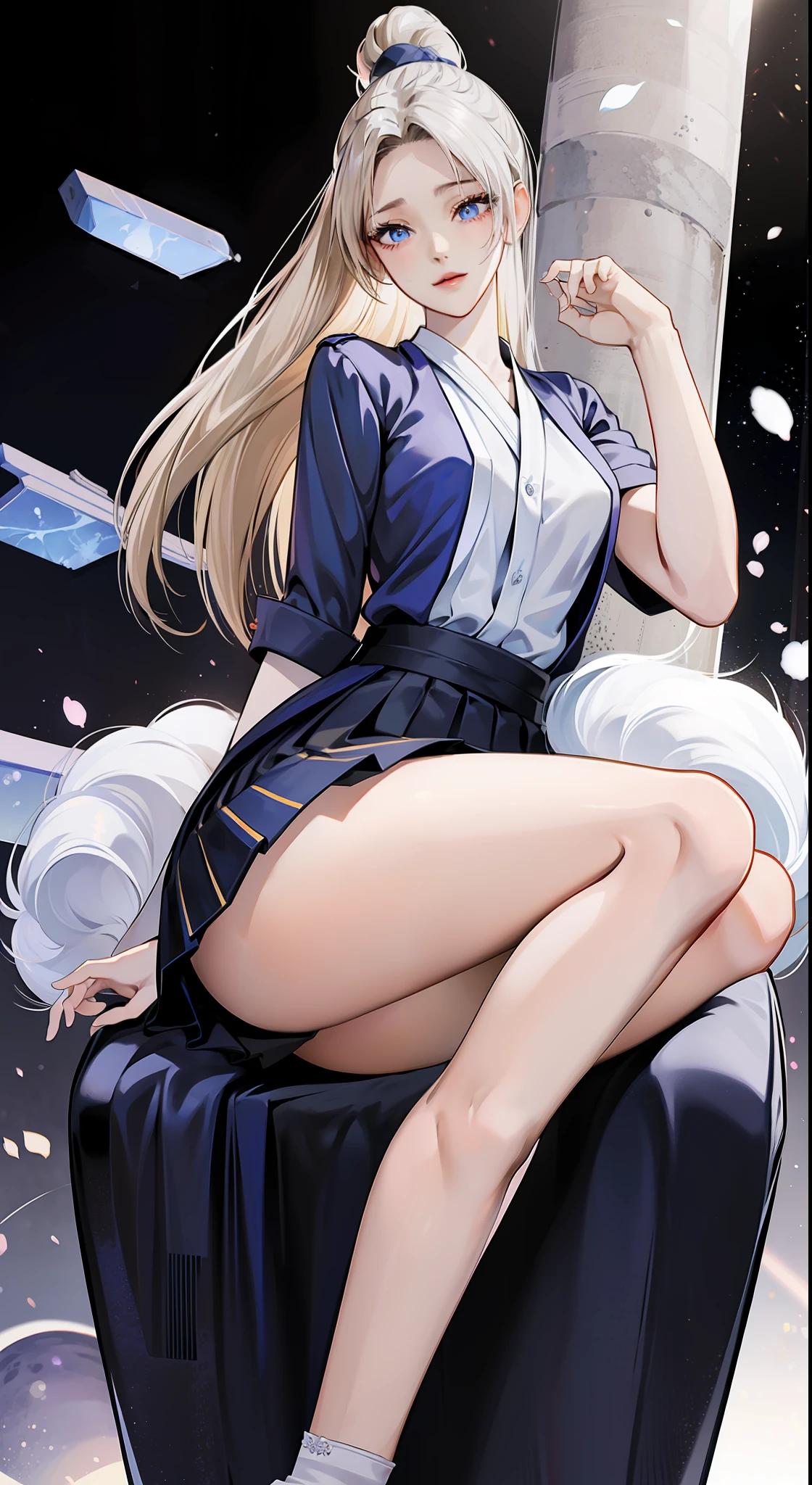 Masterpiece, Best quality, (Beautiful gorgeous lovely Korean women:1.3), (beautiful lovely Korean people:1.3), Delicate platinum-blonde hair, glow blue eyes, (Black pleated shirt + White skirt), Long white socks, Pale skin, hair adornments,