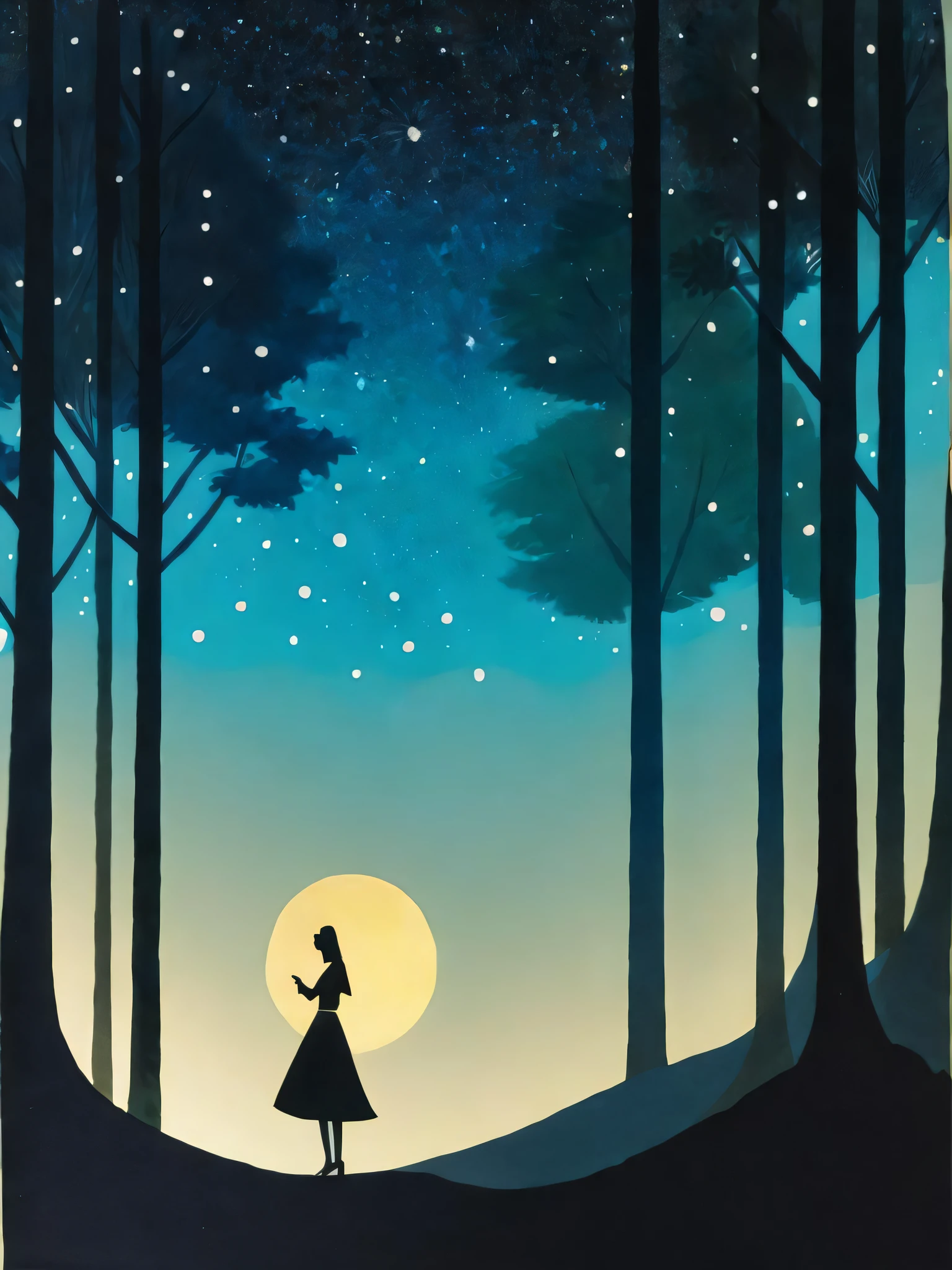 a painting of a person standing in a forest at night with a castle in the background by Lotte Reiniger