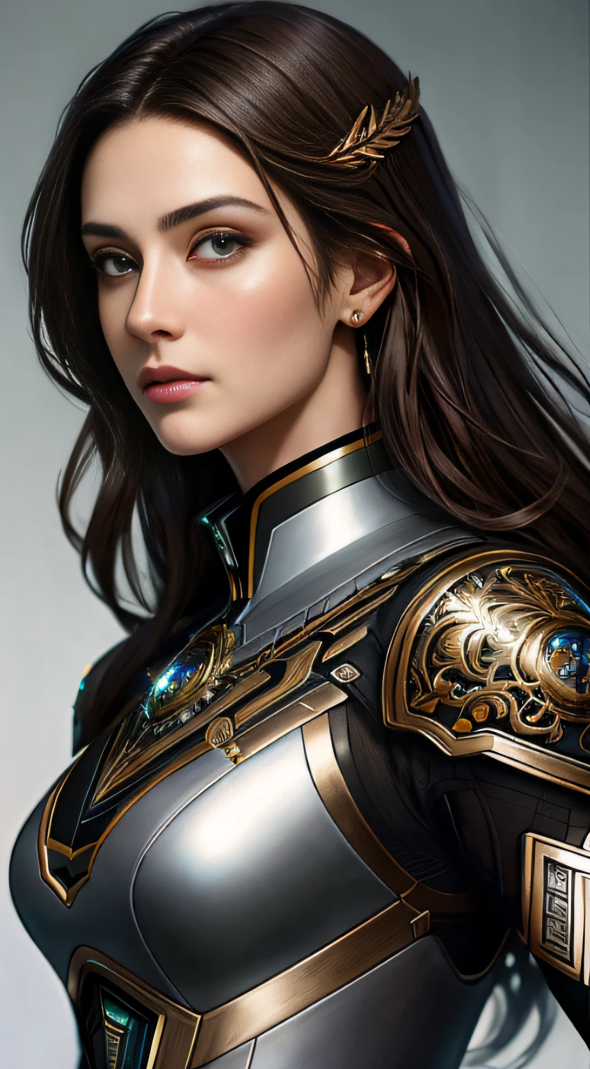 Beautiful cyborg portrait with 8k brown hair，iintricate，ellegance，Highly meticulous，A majestic，digital photography，The art was painted by Artgerm and Ruan Jia and Greg Rutkowski by Surrealist filigree，brokenglass，（tmasterpiece，Sideslit，exquisite and beautiful eyes：1.2 ), Human Development Report,