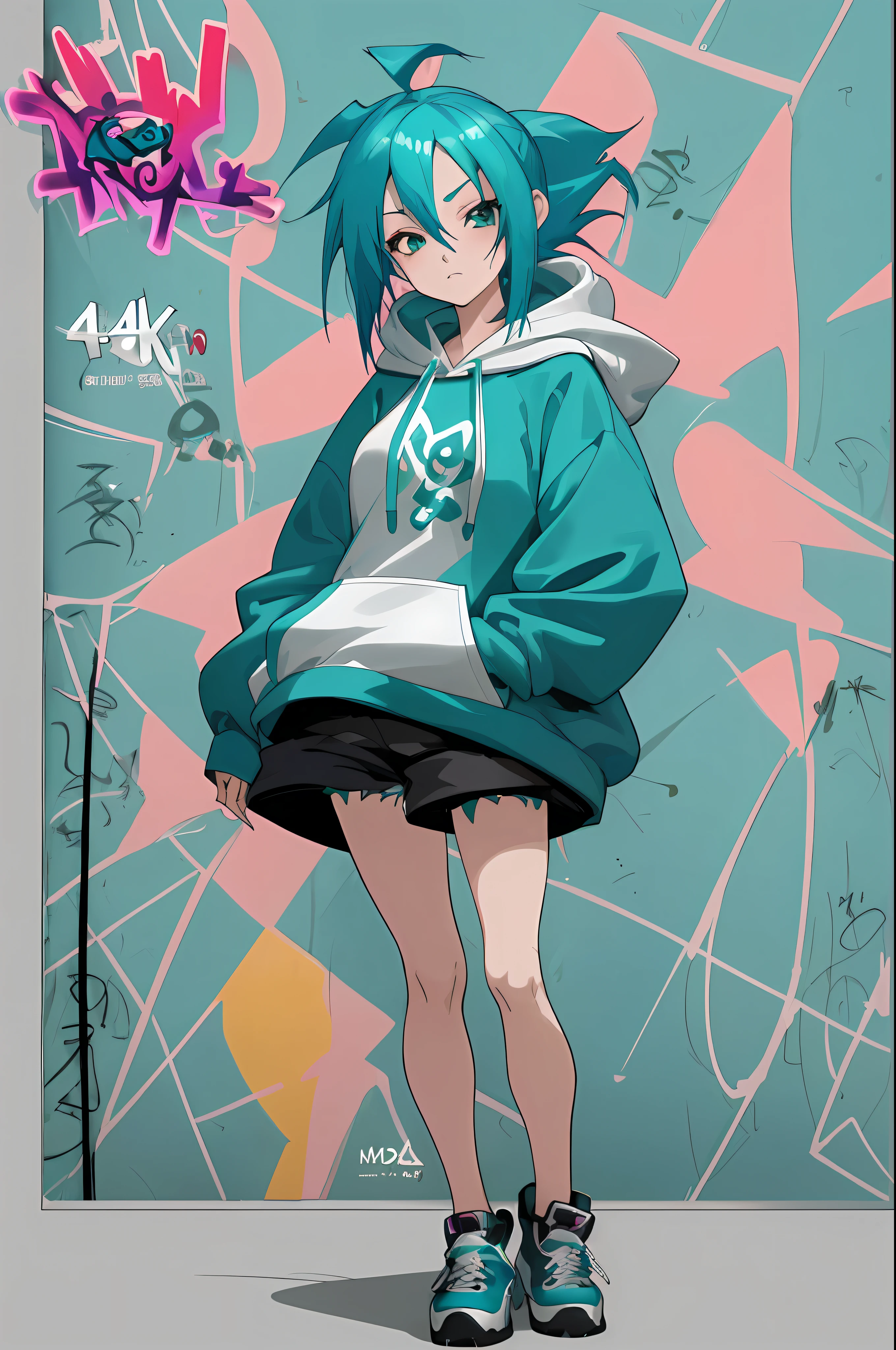 arafed image of a woman with blue hair and a hoodie standing in front of a graffiti wall, anime art wallpaper 4 k, anime art wallpaper 4k, anime art wallpaper 8 k, anime style 4 k, anime girl with teal hair, 4 k manga wallpaper, anime wallpaper 4k, anime wallpaper 4 k, 4k anime wallpaper