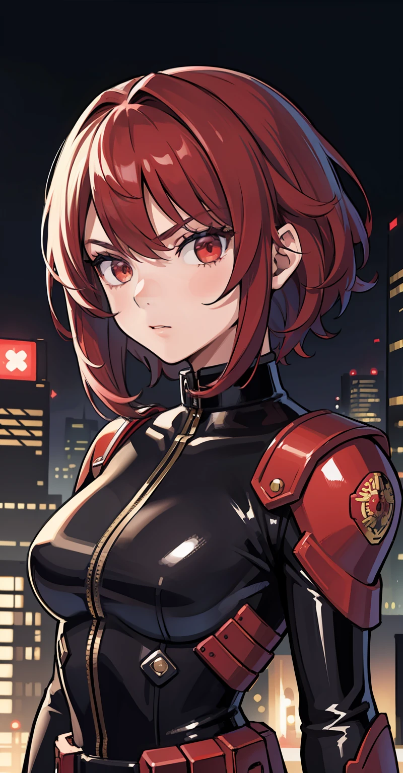 1girl, masterpiece, lady_nagant, short hair, red hair,  red eyes, serious, black suit, portrait, mechanical belt, night city background, latex,