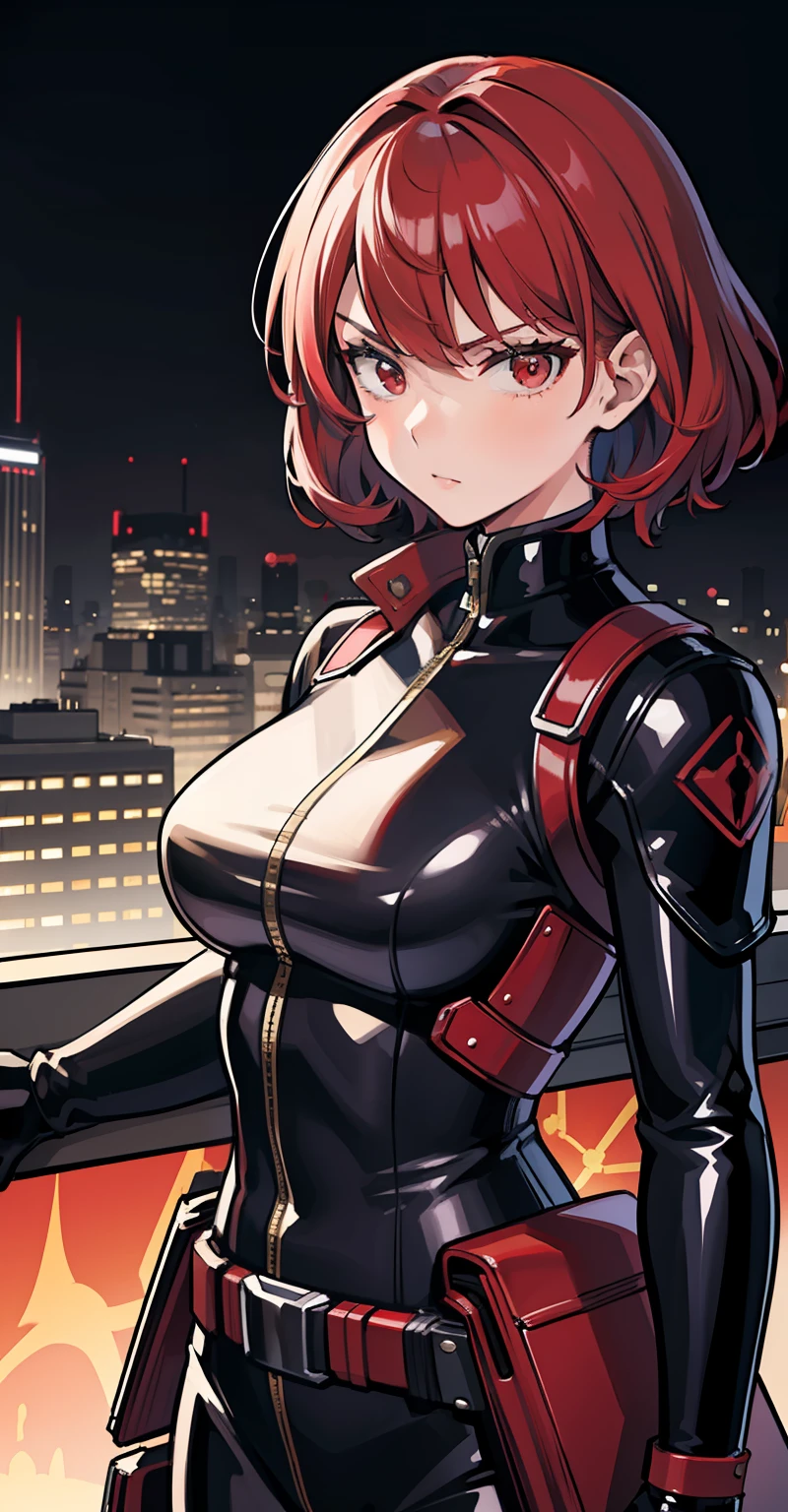 1girl, masterpiece, lady_nagant, short hair, red hair,  red eyes, serious, black suit, portrait, mechanical belt, night city background, latex,