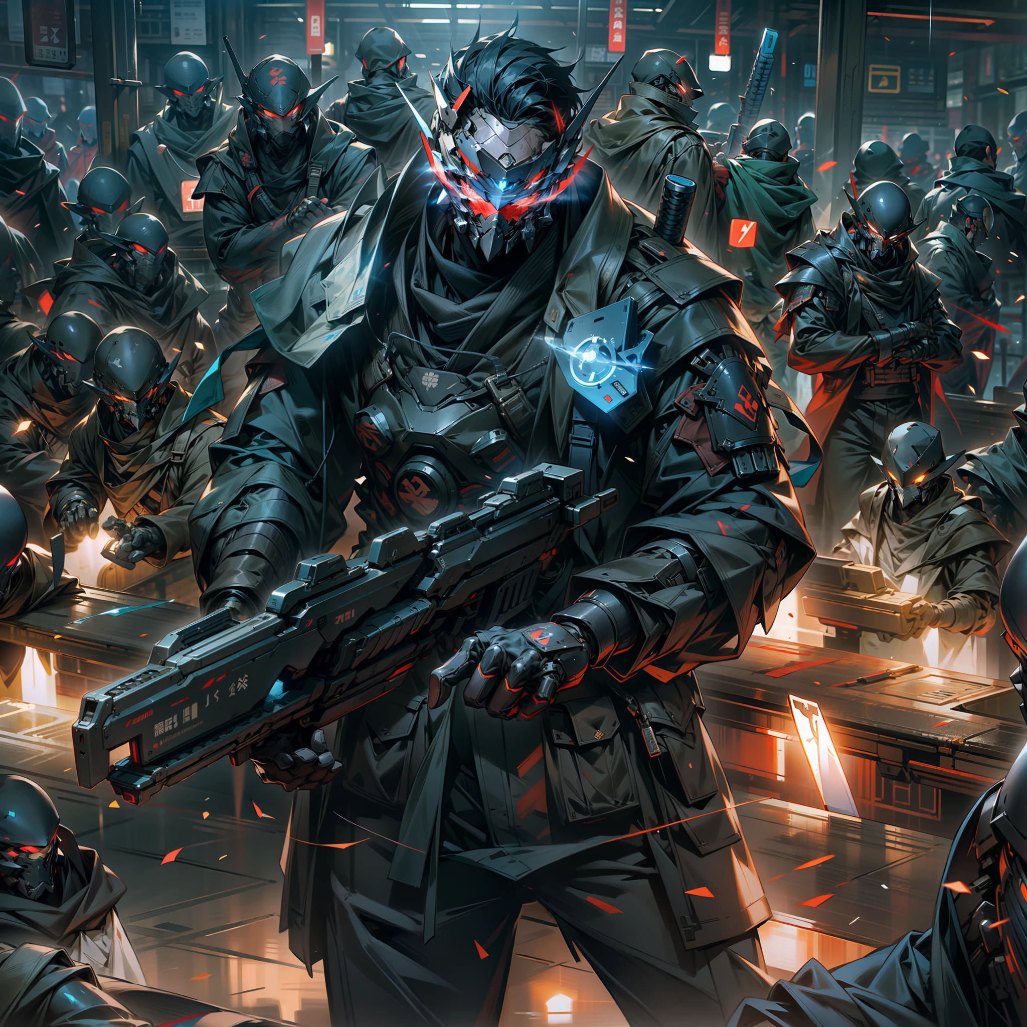(of a guy,Humanity)Stand at front,Blue light from the eyes,A group of people behind him(Shadow Warrior series)The number of soldiers is several,((Disperse stations))Hand-held cold weapons,Blue light from the eyes