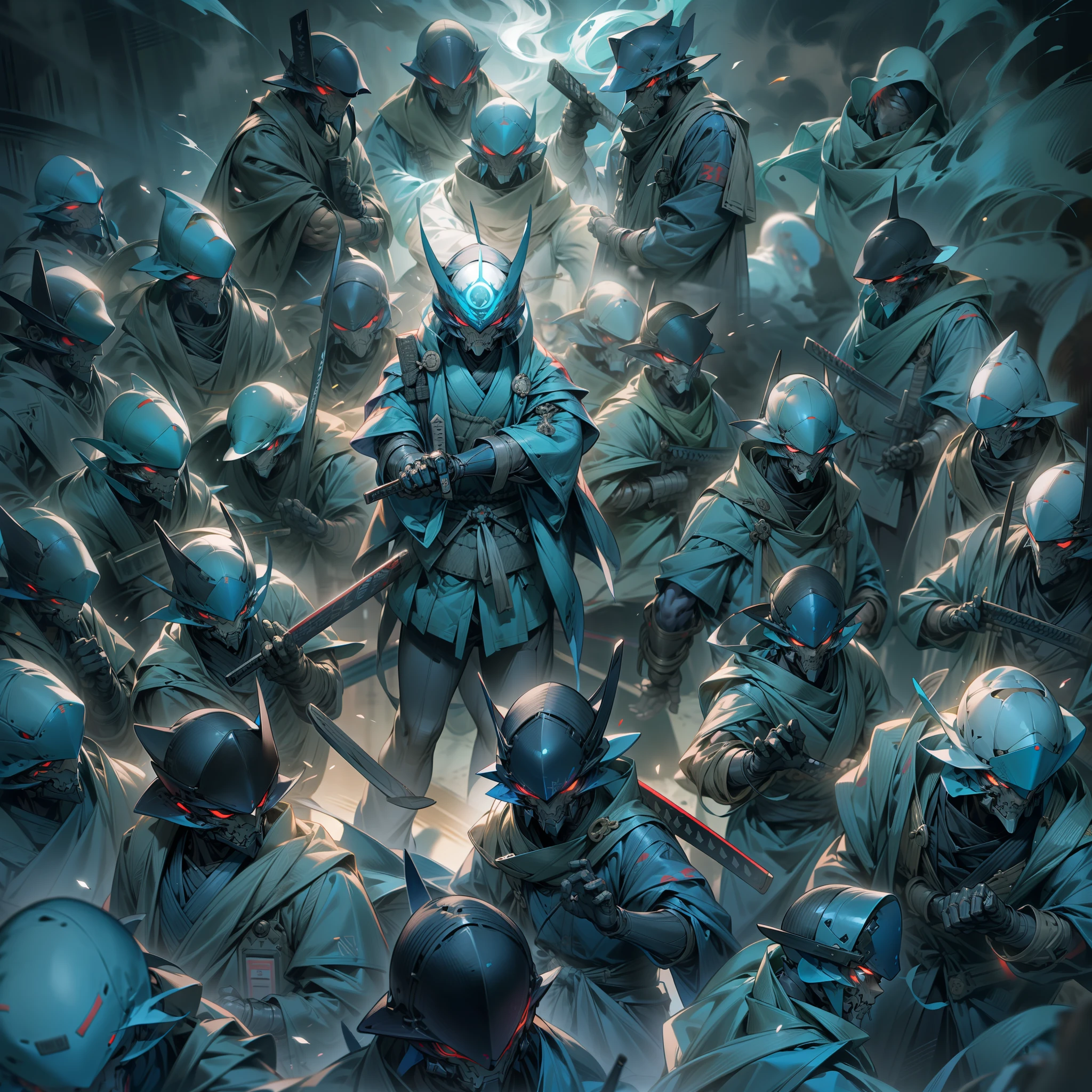 (of a guy,Humanity)Stand at front,Blue light from the eyes,A group of people behind him(Shadow Ghost Samurai series,Gas morphology)The number of soldiers is several,((Disperse stations))Hand-held cold weapons,Blue light from the eyes
