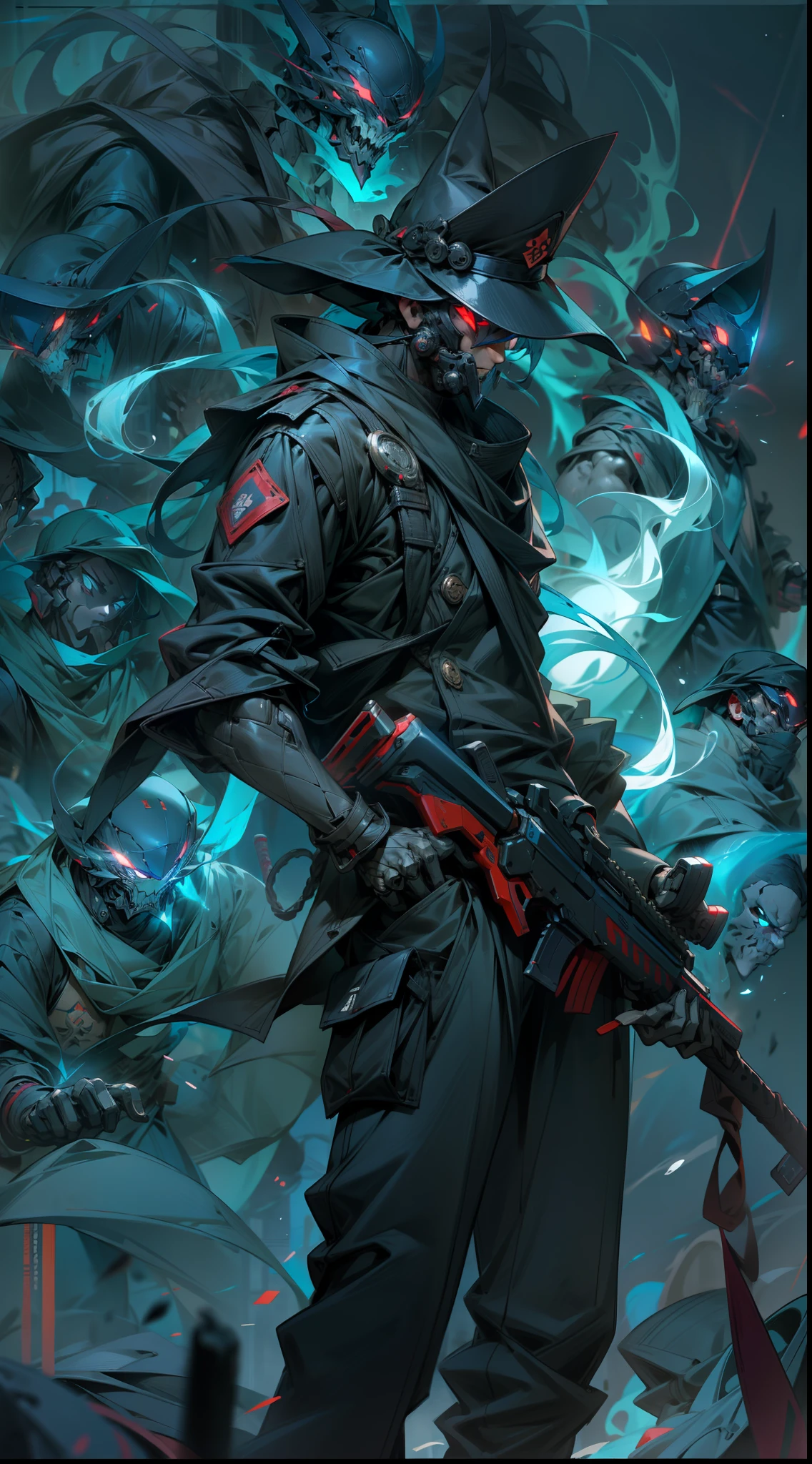 （A man stands in front，Blue light from the eyes），（A group of shadow ghost warriors behind him，Gas morphology）The number of soldiers is several，（（Disperse stations））Hand-held cold weapons，Red light from the eyes