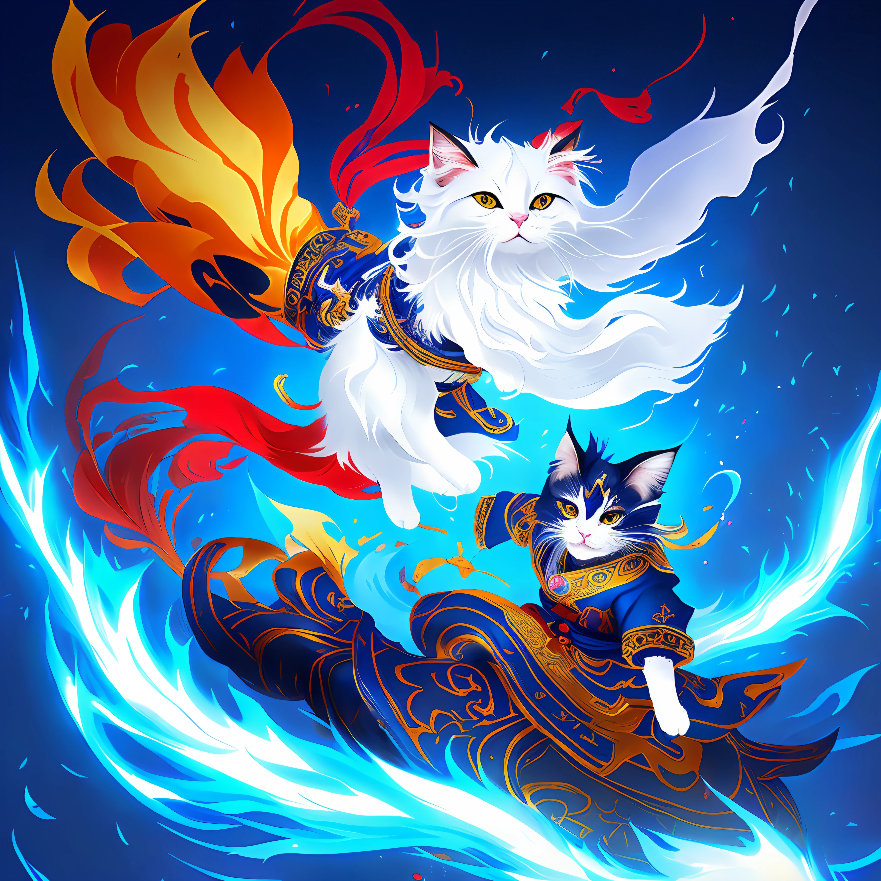 Cartoon cat and a group of other cats flying in the sky, Official Splash Art, Onmyoji detailed art, onmyoji, iconic character splash art, by Yang J, Mobile game art, character splash art, inspired by Park Hua, world boss kitten, Splash Art, G Liulian art style, inspired by Miao Fu, feng zhu |