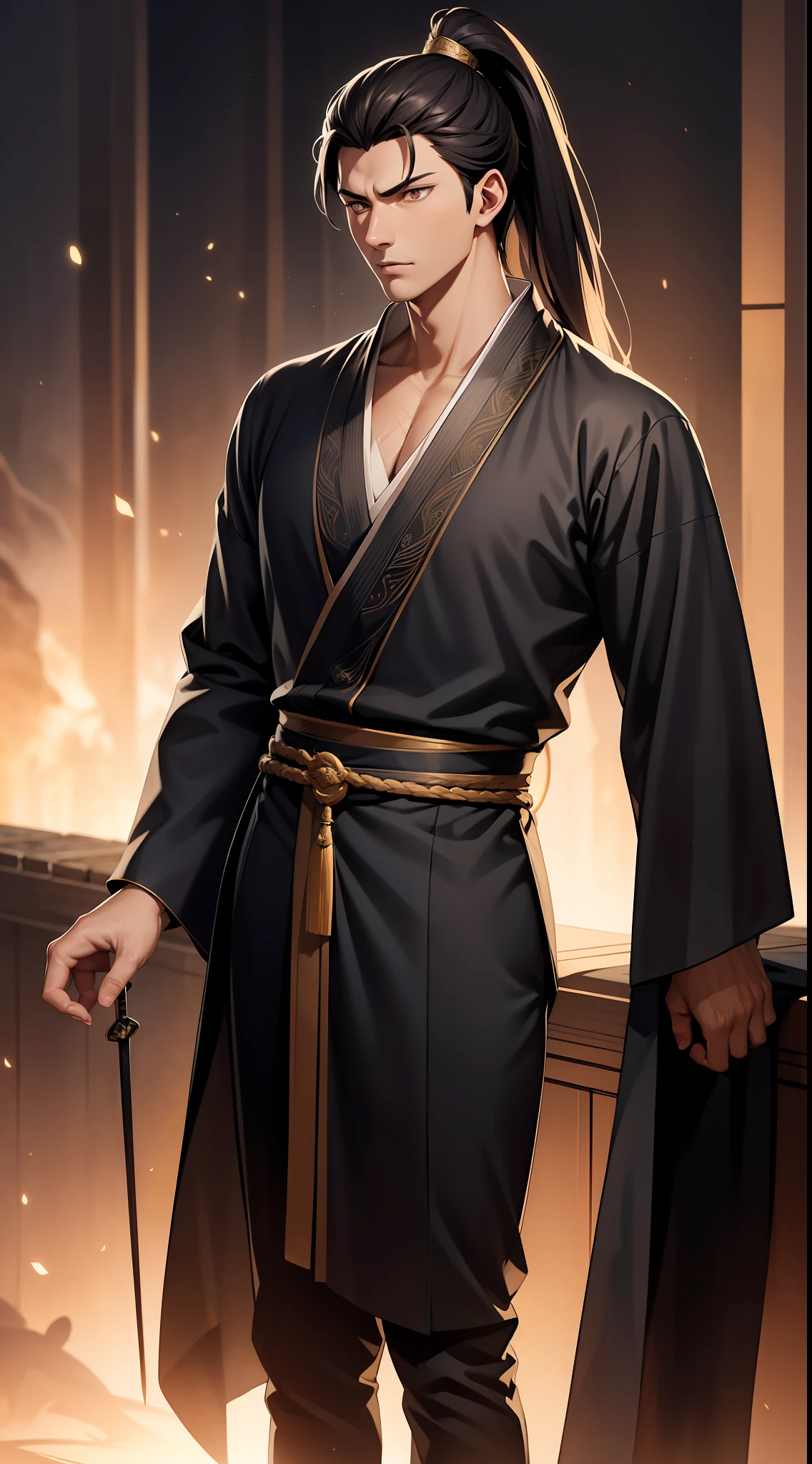 quadratic element，style of anime，mtu（Male Warrior），The proportions are correct，Face details，swordsmen，High ponytail hairstyle，Neck details，There is an Adam's apple，Black Hanfu，kaftan，black toga，clothes details，Handing over，longer sleeves，Game quality，Swordsmanship，Light and shadow tracking，Ray traching，detailed glow，cg render，hair detail，cabelos preto e longos，Black ㇏ eyes，Handsome，Handsome，（juvenile sense），Clothing is complicated，Perfectcomposition，Refinement，high qulity，higher details，Lots of details，The background is complex，a sense of atmosphere，