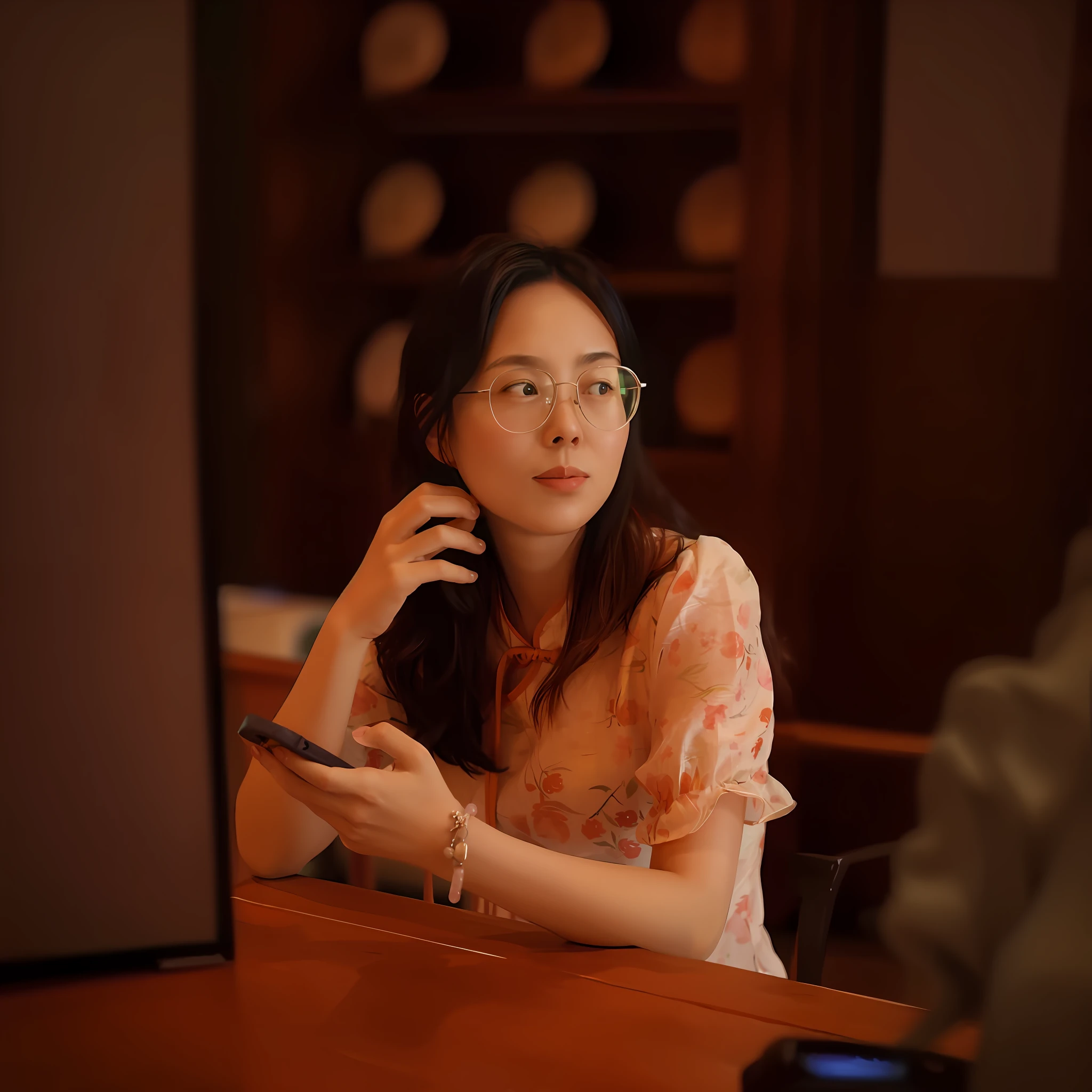There was a woman sitting at the table,Hold the tablet, wearing thin large round glasses, wearing small round glasses, Li Zixin, With glasses, a girl with round glasses, Chinese woman, A young Asian woman, xintong chen, with square glasses, high quality portrait, An Asian woman, inspired by Cheng Jiasui, wenfei ye