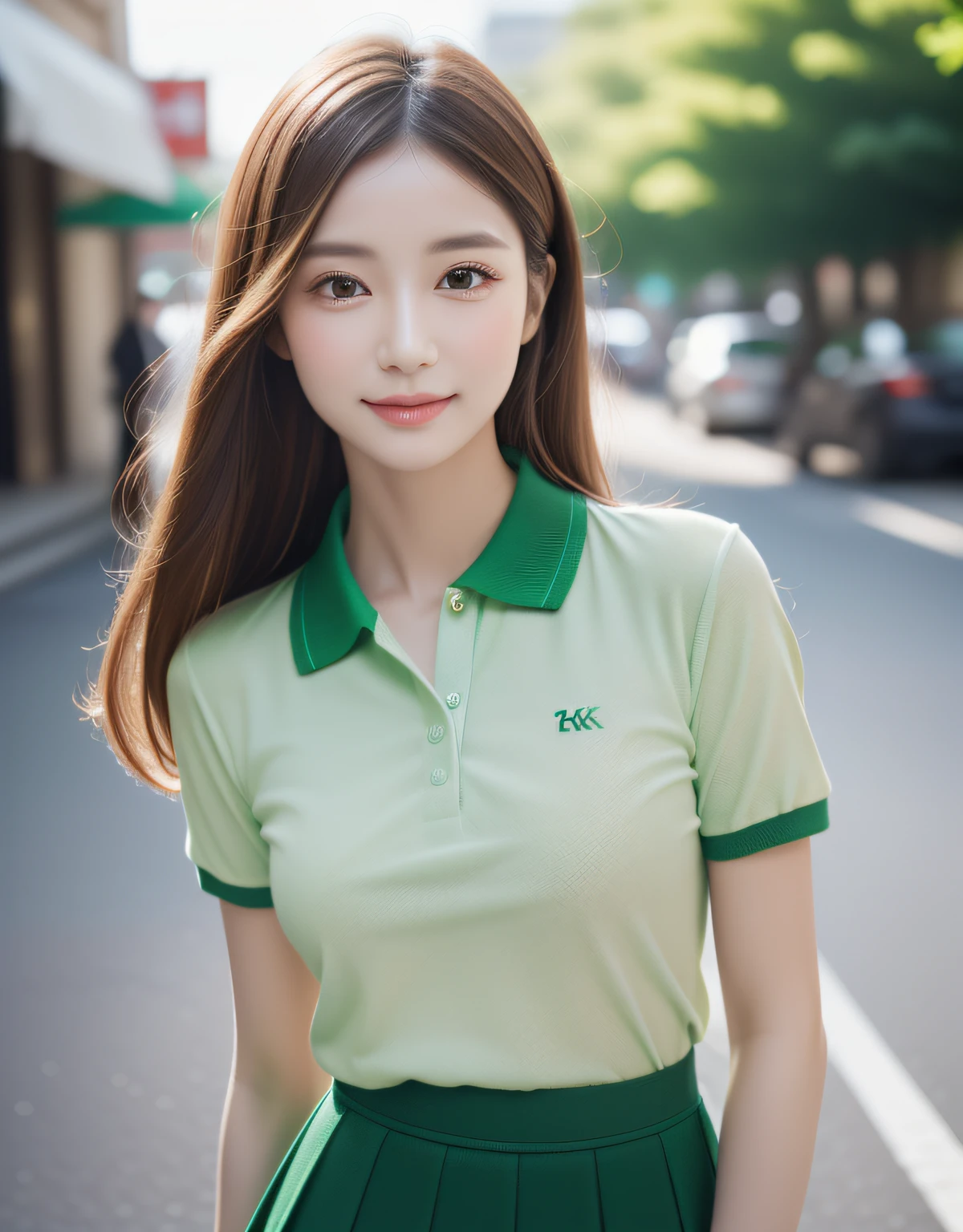 best quality, white skin, real human skin, (detailed face), oval face, pores, ultra high res, (8k, RAW photo, photorealistic:1.4), BREAK, 1girl, slim, (large-breast:1.37, cleavage), (looking straight at viewer with a serene and goddess-like happiness:1.2), (lifter gloss, eyelashes, gloss-face, best quality, ultra highres, Broad lighting, natural shading), brown thin hair, BREAK, (emerald green polo-shirt:1.3, high-waist-box-skirt:1.3), cityscape, fashion street venue, light smile:1.3, princess smile, arms behind back:1.3, burry background, bokeh, depth of field, cowboy shot:1.3, centered image,