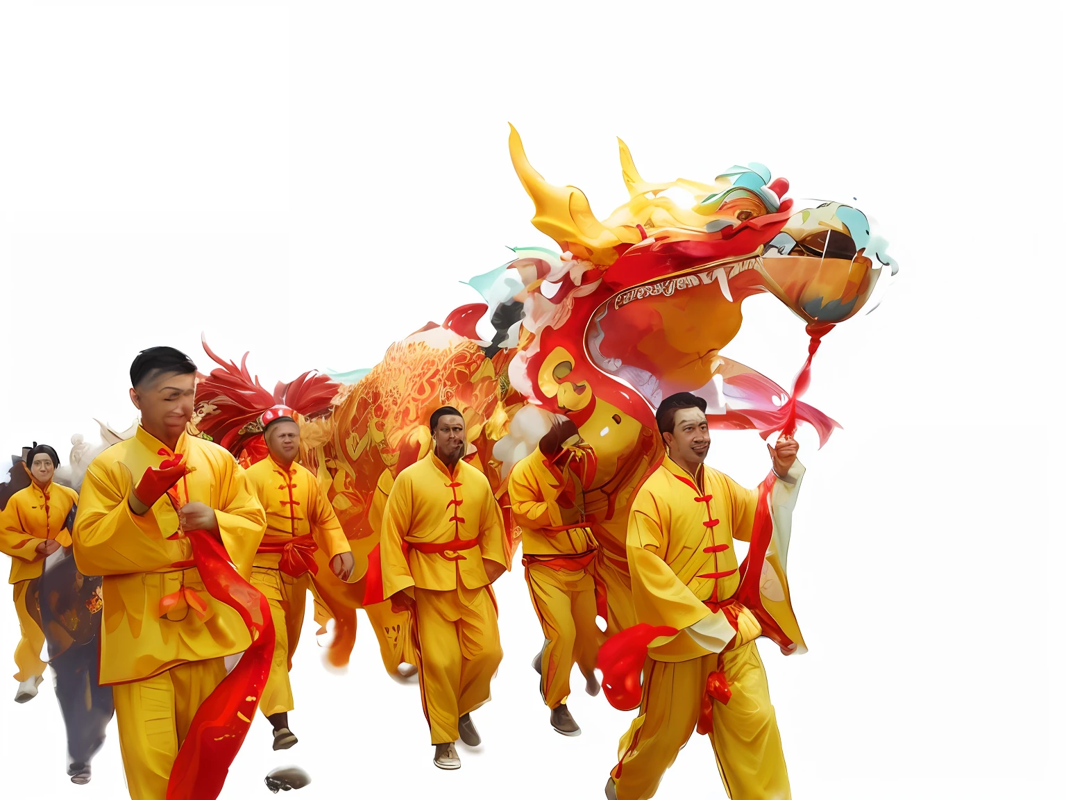 The background is in the alley，Blue sky，Men dressed in yellow walk along with the dragon head in the procession,The big red dragon was above them， Dragon dance，With a smile on his face，yellow dragon head festival, china silk 3d dragon, Chinese Dragon, Tang suit, Traditional Chinese clothing, Chinese costume, chinesedragon, smooth chinese dragon, Chinese traditional, with acient chinese clothes, chinese ribbon dance, Lunar New Year in an ancient alley, Depth of field, vanishing point, Bokeh,，Lens flare,A high resolution，Dripping, impasto, Thick strokes，Minimalist, abstracted, montage, Surreal，the style of andreas rocha，Oil paints，Ultra-wide angle， Super detail,Lens flare，oil on the canvas