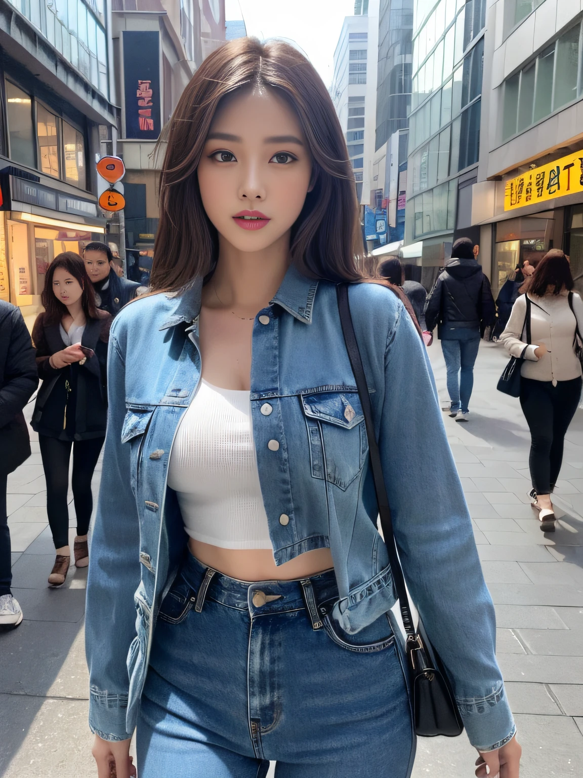 ((Realistic lighting, best qualtiy, 8K, tmasterpiece:1.3)), sharp fokus:1.2, 1个Giant Breast Girl, full bodyesbian,nipple tops,blue denim pants,high-heels,Beautiful Women with Perfect Figure:1.4, ((dark brown hair)), Ultra-fine face,Fine eyes,二重まぶた,(Outdoor 1.1),the city street