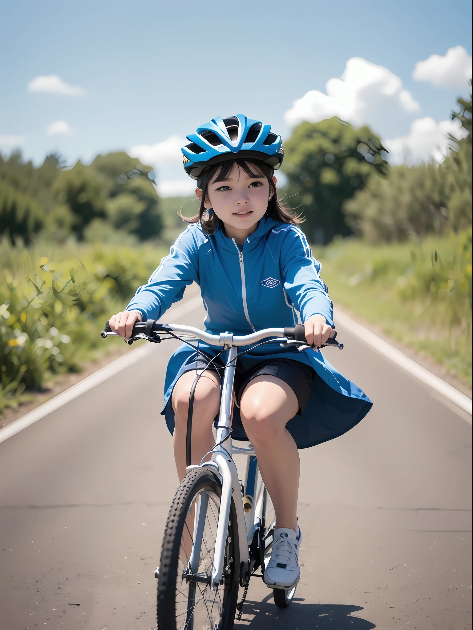 8K、Top image quality、​masterpiece、、1little girl、Summer Uniforms、(Close one eye:1.5)、blue-sky、Ride a bike and feel the wind、(Close one eye:1.5)、(Close one eye:1.5)、Expressing the speed and dynamism of a bicycle