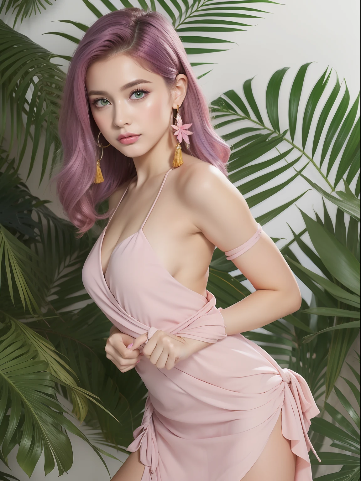 (masterpiece:1.4, best quality), (intricate details), unity 8k wallpaper, ultra detailed, beautiful and aesthetic, (photo)perfect lighting, (1girl),((multicolored hair, two-tone hair, pink hair, purple hair, green eyes:1.3, flat_chest)), dynamic pose, dynamic angle, lipstick, slim, slim body, detailed background, realistic, solo, perfect detailed face, detailed eyes, highly detailed, blush, hair ornament, (Wrap_dress:1.4),(Strappy_block_heels:1.3),(Tassel_earrings:1.2),(Tropical_resort_background:1.4),