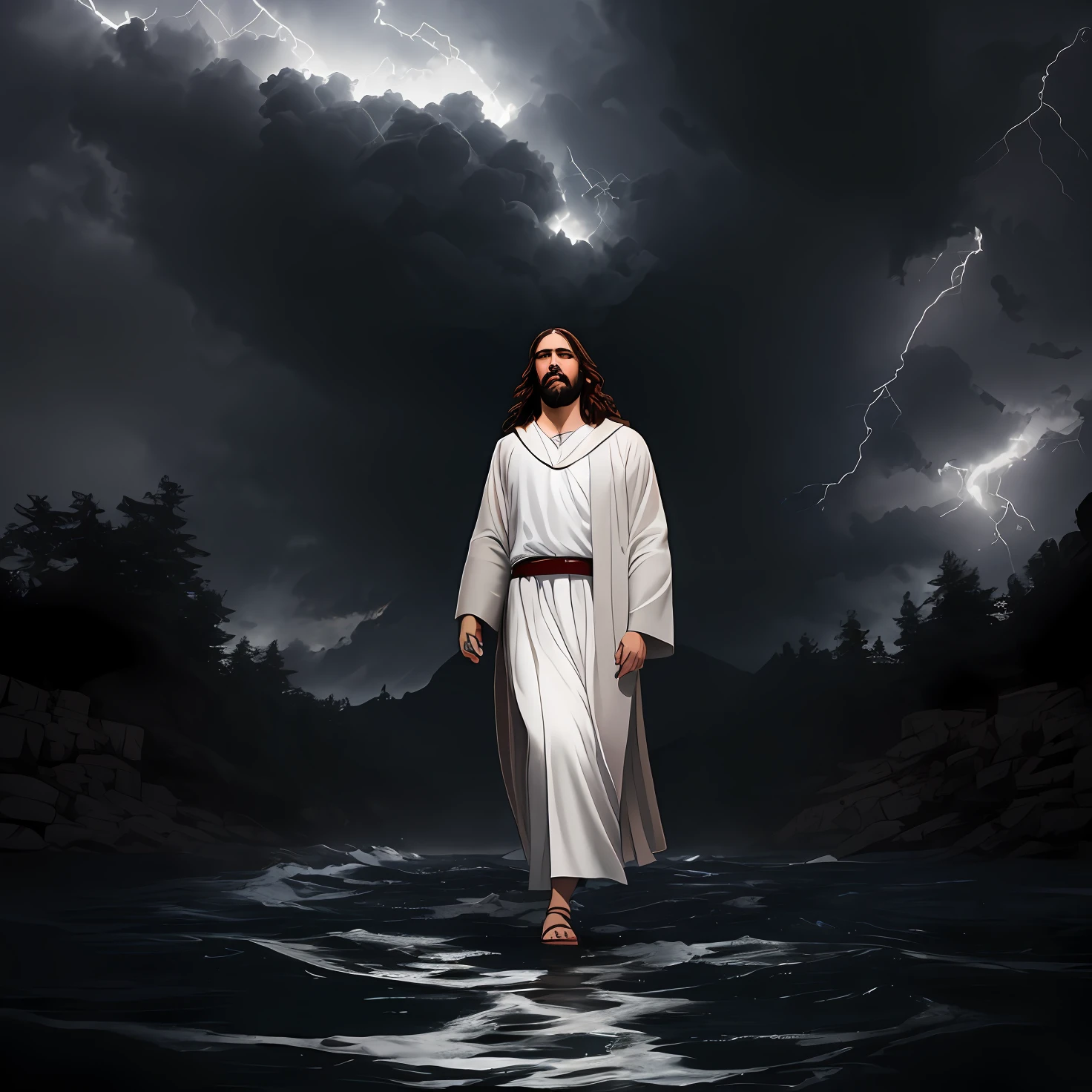 (Jesus walking on a water in a storm)， tmasterpiece， best qualtiy， high qulity， Extremely detailed CG unit 8k wallpaper， award winning photography， bokeh， depth of fields， HDR， Flood， color difference， realisticlying， The is very detailed， Popular on ArtStation， Popular on CGsociety， 复杂， high detal， dramatics， Art on the go， Volumetriclighting