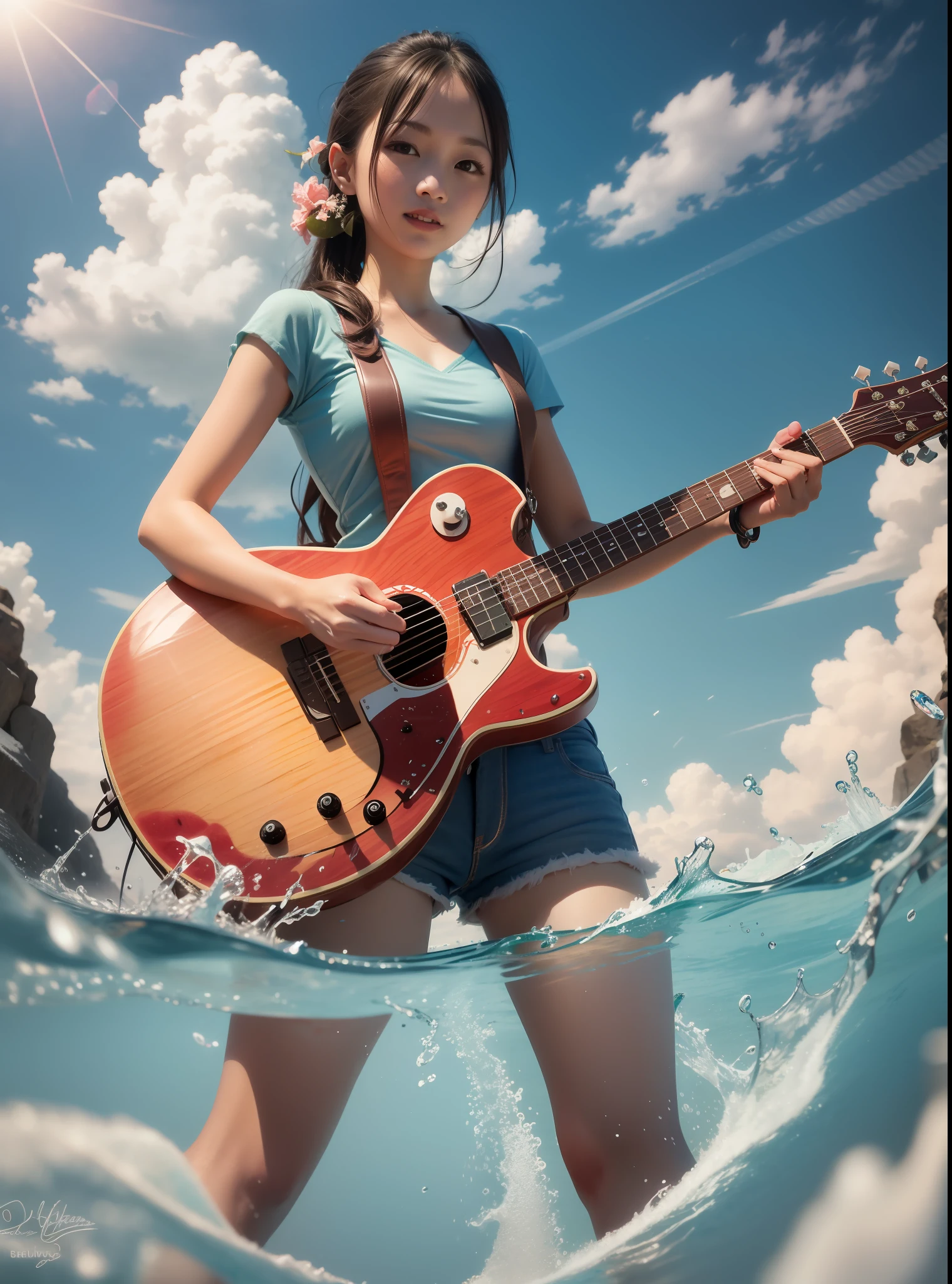 Watermelon guitar，Watermelon with water droplets，ice cubes，Watermelon-shaped guitar，The guitar is frozen，Frozen，Floating watermelon，Frozen watermelon balls，夏天，Cool，air conditioner，floting ice，blue backdrop，夏天，with blue sky and white clouds --auto