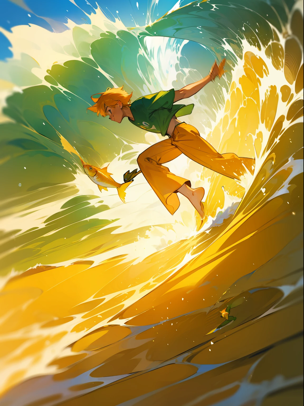 boy wearing green shirt and orange pants, a boy riding a golden fish on a wave in the ocean, concept art of single boy surfing with golden fish, golden fish surfed by boy, surfing, tsunami behind him