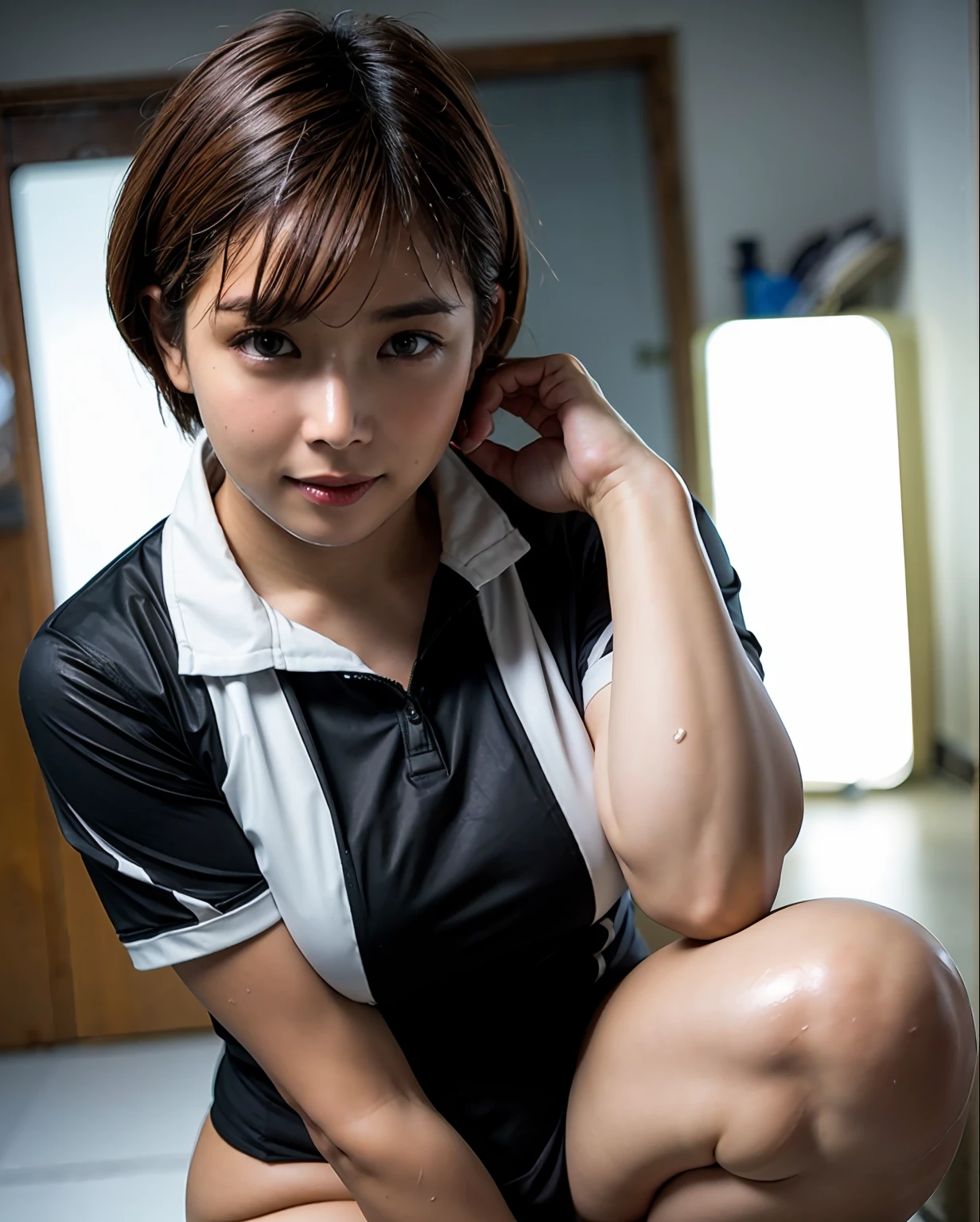 best quality, photorealistic, 8k, high res, 1girl, woman, (skindentation), (professional lighting), (portrait:0.6), (short hair:1), ((looking at viewer:1.5)), photorealistic, (bokeh), calves plump and muscular,Precise reproduction of the background, training, Bending figure, Beautiful woman with perfect body shape:1.8,Wet body:3.0,Very detailed face and skin texture, Double eyelidd, Perfect Face, Turning Pose, ((wet volley_uniform,:1.3)), yoga pose,training,Open your legs wide,Training in the gym, Full body shooting, Sit knee up,