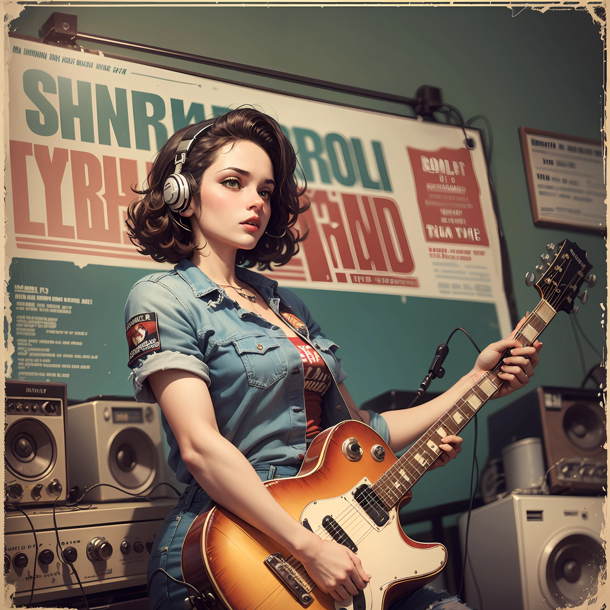 (best quality, masterpiece, ultra-detailed details),poster, radio show, blues,rock'n'roll,vintage,try using a background with colorful poster style. Add nostalgic elements such as vintage microphone, guitars, musical notes, to give the poster a sonic feel. Use bold, retro-style fonts to add personality and give the poster a rock 'n' roll feel to it. Put male character and real person to the musical style of the blues