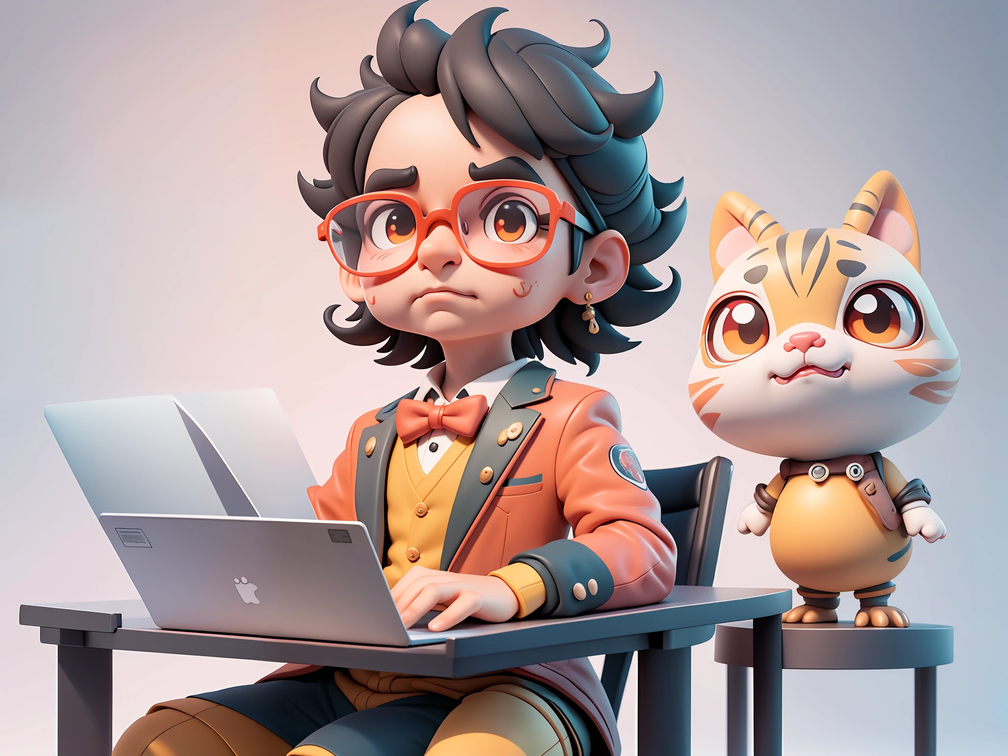 A young man in formal clothes，Short hair and glasses，Sitting at your desk，holding laptop，digitial painting，cartoonish style，4K HD illustration，Very detailed facial features，tigre，Mark Clairdon，by Pixar，3D character design：Hayao Miyazaki and Akira Toriyama, Cartoon-style visuals。