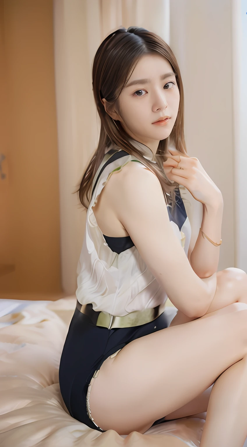 1 girl in(8K、Raw photography、top-quality、masterpiece:1.2)、(realisitic、realisitic:1.37)、ultra-detailliert、Full body shot、realistic eyes and face details、natural skin textures、Dark eyebrows、(((thighs thighs thighs thighs、cross one's legs)))、Fair skin、A detailed face、真实感、Realistic background、Realistic lighting、Sweaty skin