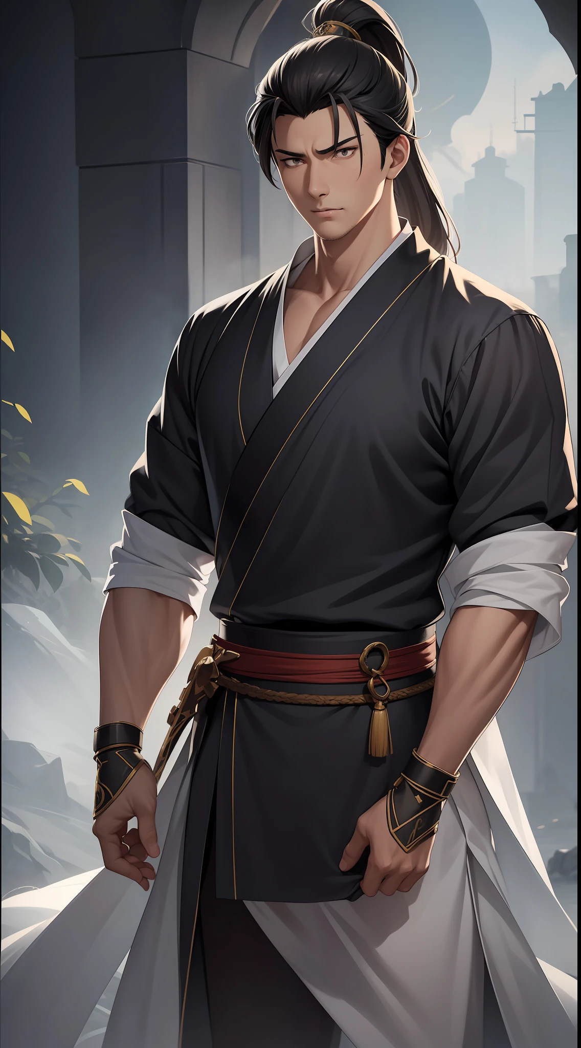 quadratic element,style of anime,mtu(Male Warrior),The proportions are correct,Face details,swordsmen,High ponytail hairstyle,Neck details,There is an Adam's apple,Black Hanfu,kaftan,black toga,clothes details,Handing over,longer sleeves,Game quality,Swordsmanship,Light and shadow tracking,Ray traching,detailed glow,cg render,hair detail,cabelos preto e longos,Black ㇏ eyes,Handsome,Handsome,(juvenile sense),Clothing is complicated,Perfectcomposition,Refinement,high qulity,higher details,Lots of details,The background is complex,a sense of atmosphere,