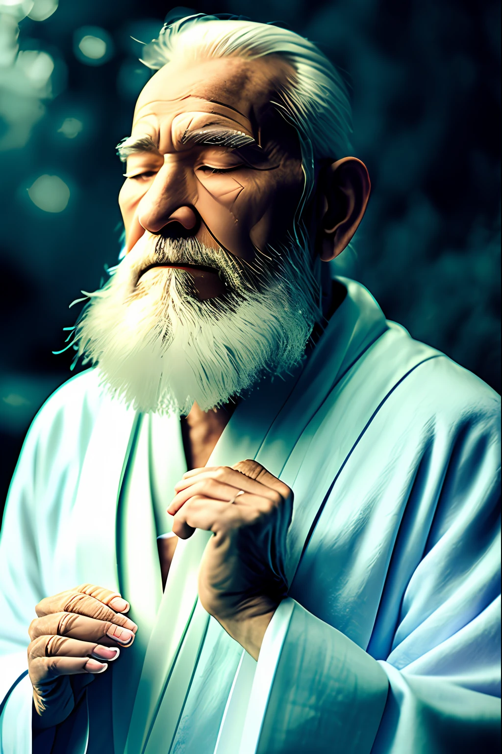a meditating sage, with a white robe, with blue details, white beard, calm countenance, realistic image, Expressionism, relationship graph, reflection light, backlighting, UHD